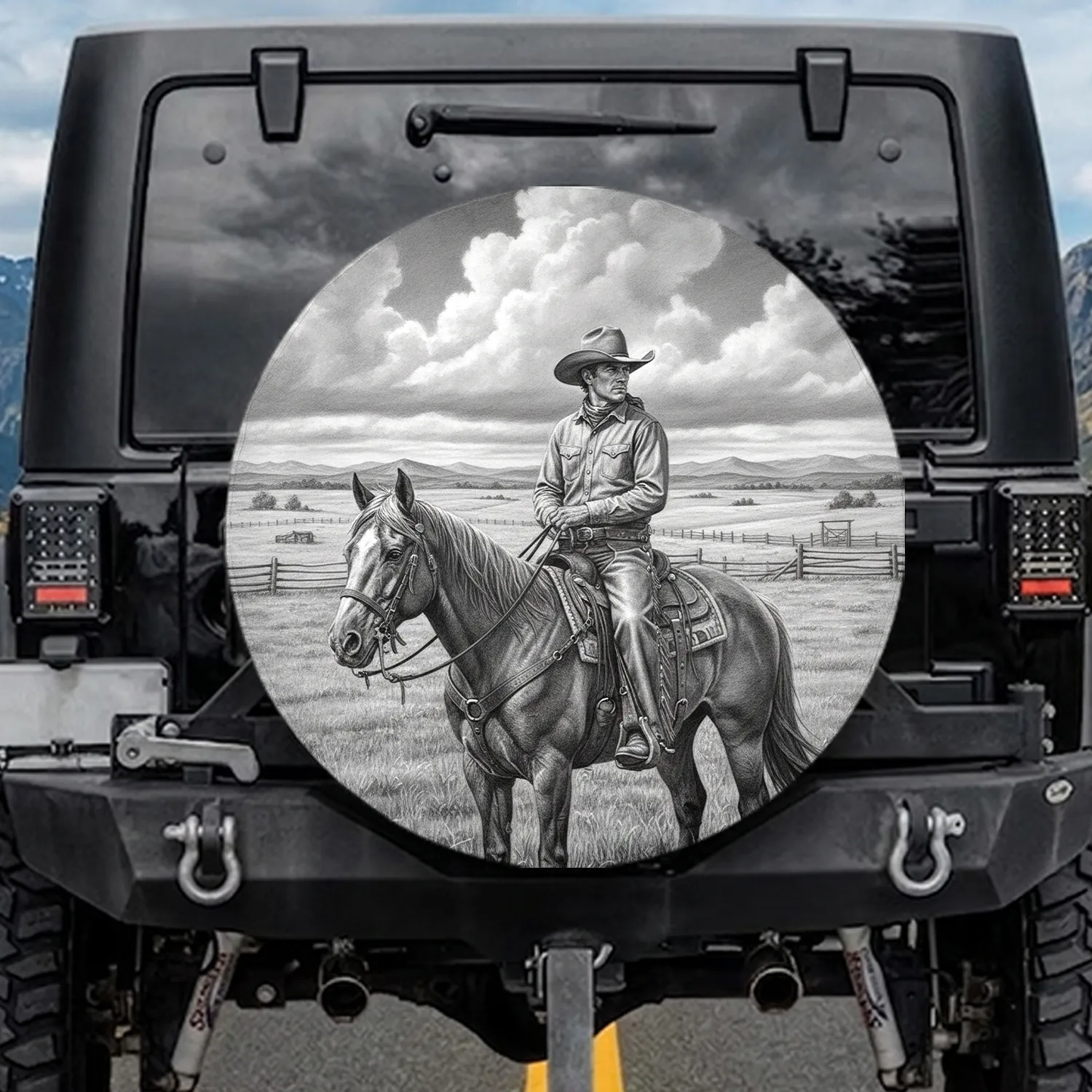 Cowboy Horseback Grassy Plains Fences - Western Home Decor Gift for Cowboy Lover Spare Tire Cover - 1