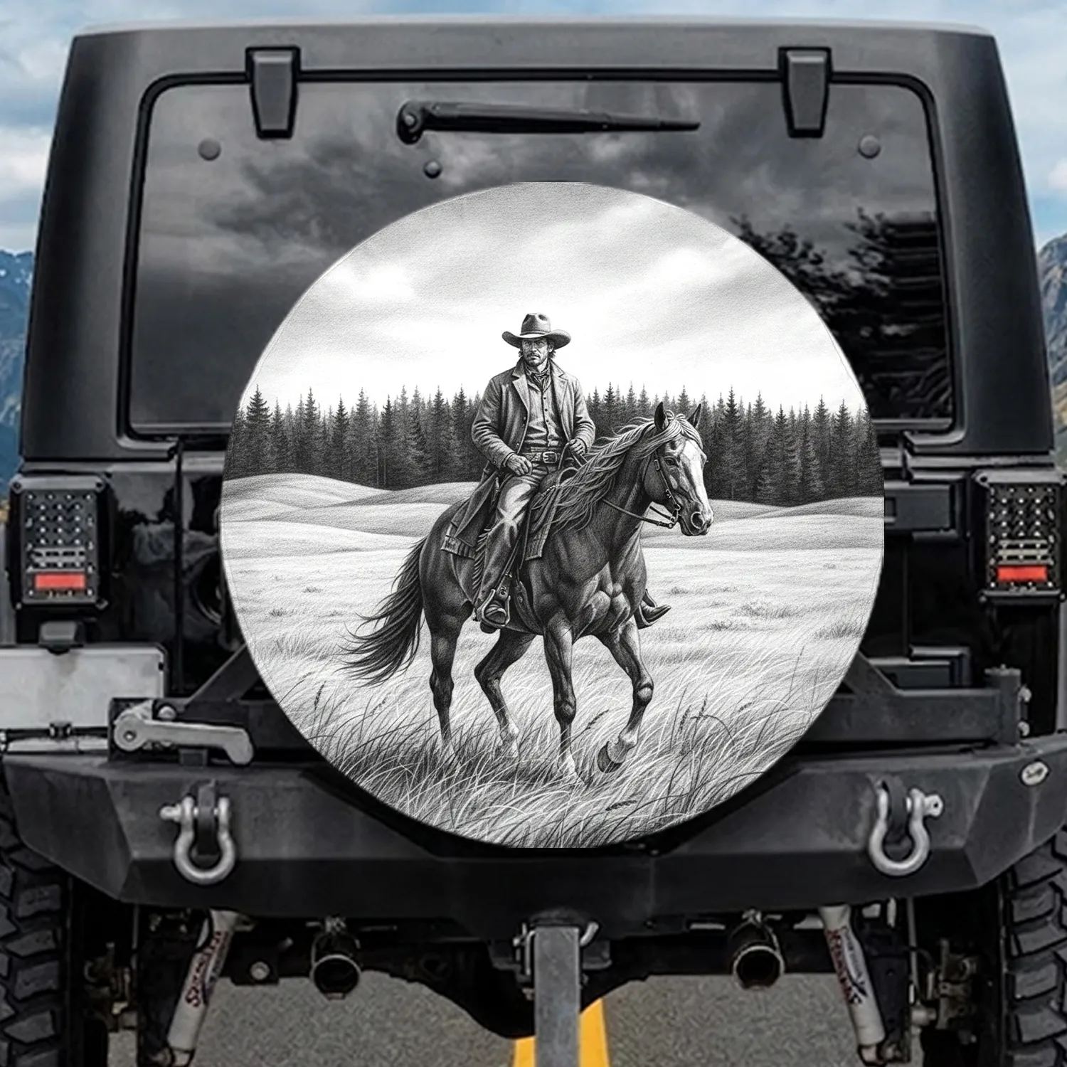 Lone Cowboy Riding Horse Western Landscape - Outdoor Lover Gift for Horse Rider Spare Tire Cover - 1