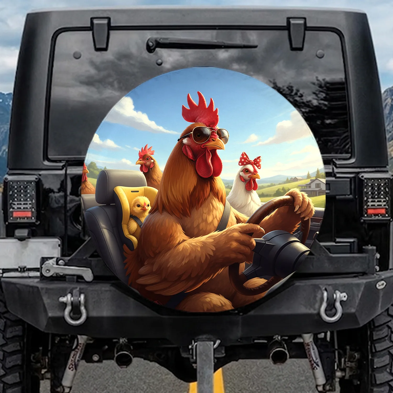 Rooster In Sunglasses, Hen, Chick Family Driving Car - Road Trip Adventure Gift Spare Tire Cover - 1