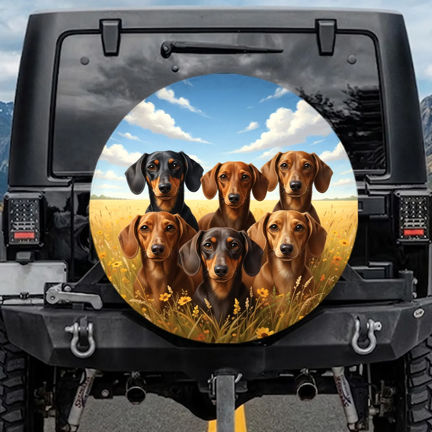 Lifelike Dachshund Dogs Blue Sky Golden Field - Dachshund Lover Gift Spare Tire Cover - 1