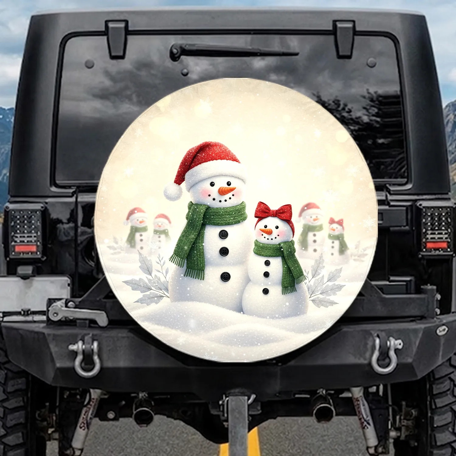Snowman Couple Frosted Foliage Snowflakes - Christmas Holiday Gift Spare Tire Cover - 1