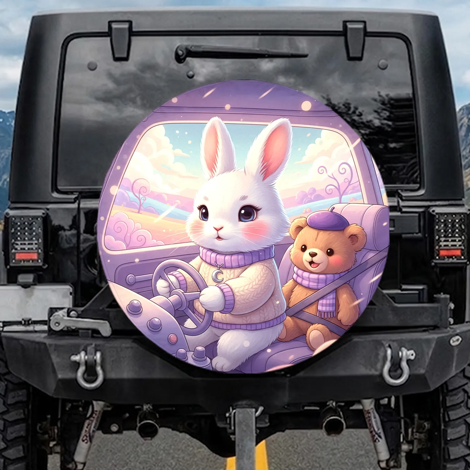 Fluffy Rabbit Moon Pendant Steering Wheel Teddy Bear Passenger Fantastical Vehicle - Road Trip Gift for Animal Lover Spare Tire Cover - 1