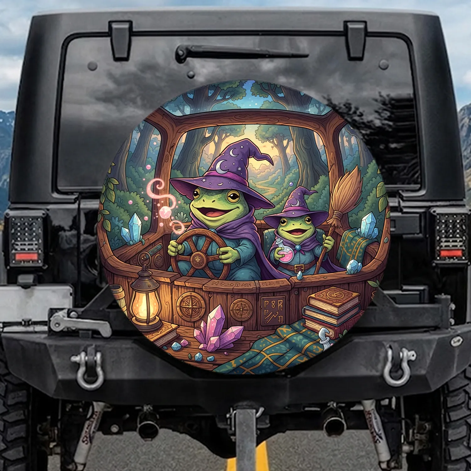 Frog Wizards Driving Enchanted Vehicle Magic Forest Landscape Adventure - Fantasy Lover Gift Spare Tire Cover - 1
