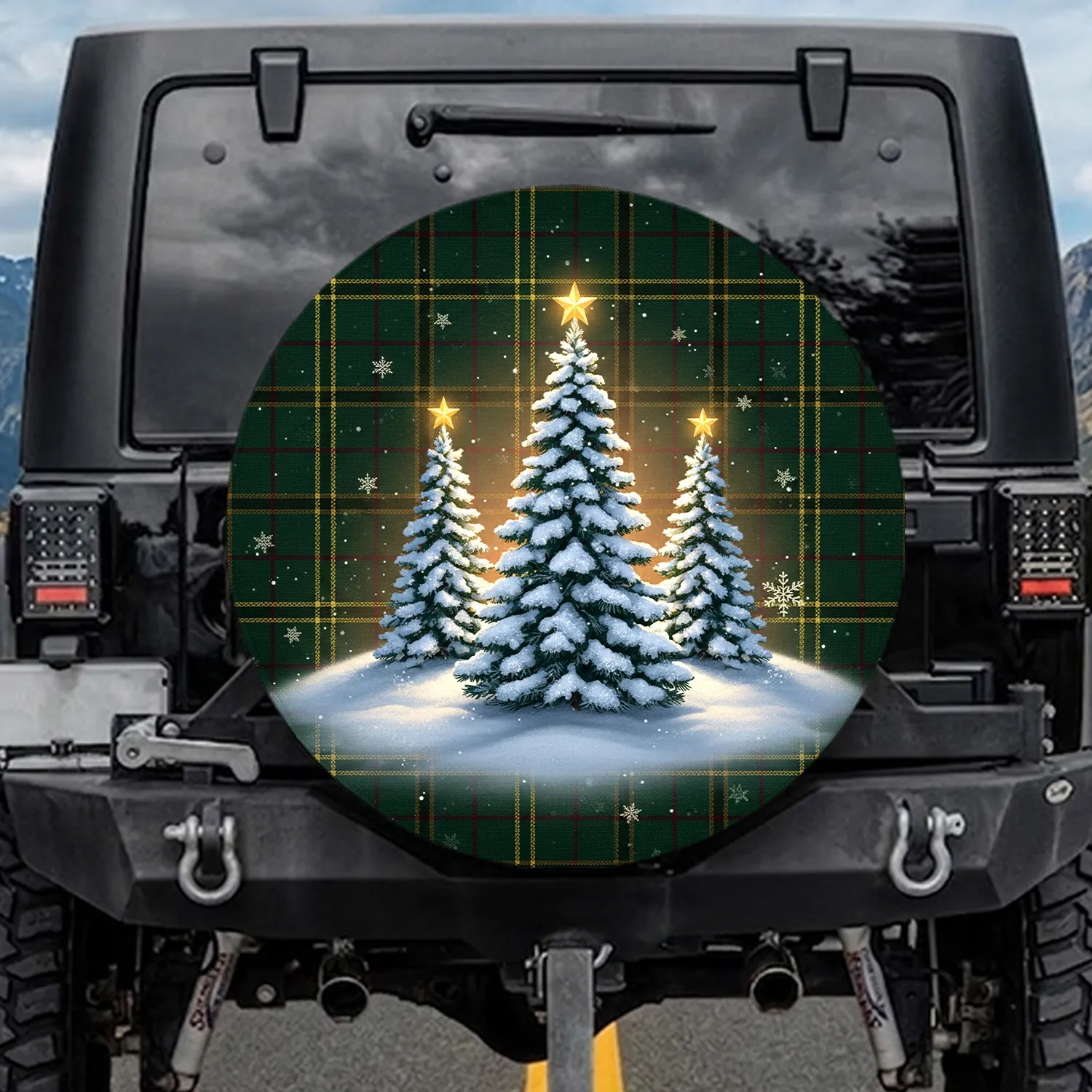 Snow-Covered Evergreen Pine Trees Golden Stars Scottish Tartan - Winter Home Decor Gift Spare Tire Cover - 1