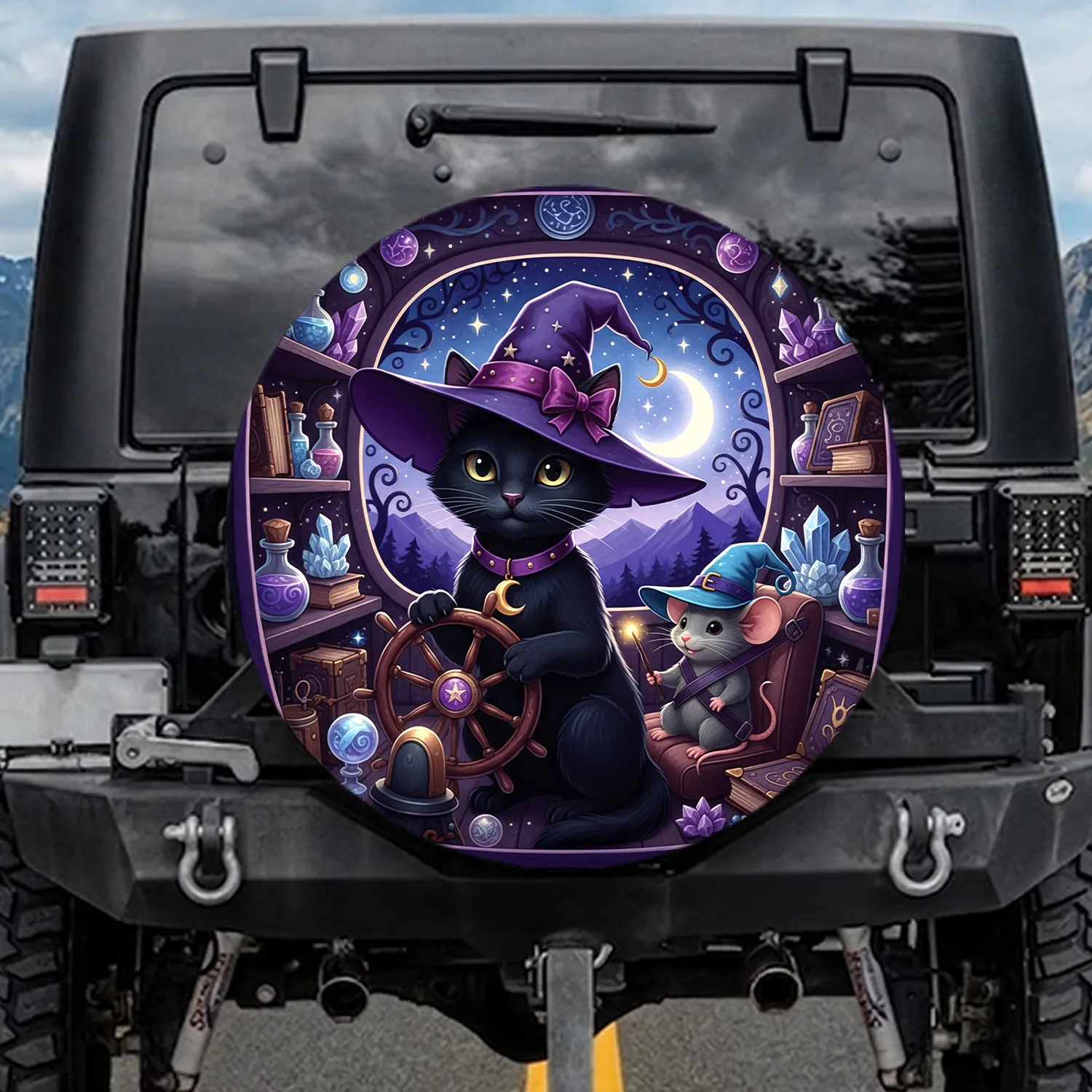 Black Cat Witch Hat Crescent Moon Magic Vehicle Mouse - Magic Lover Gift for Cat Owners Spare Tire Cover - 1