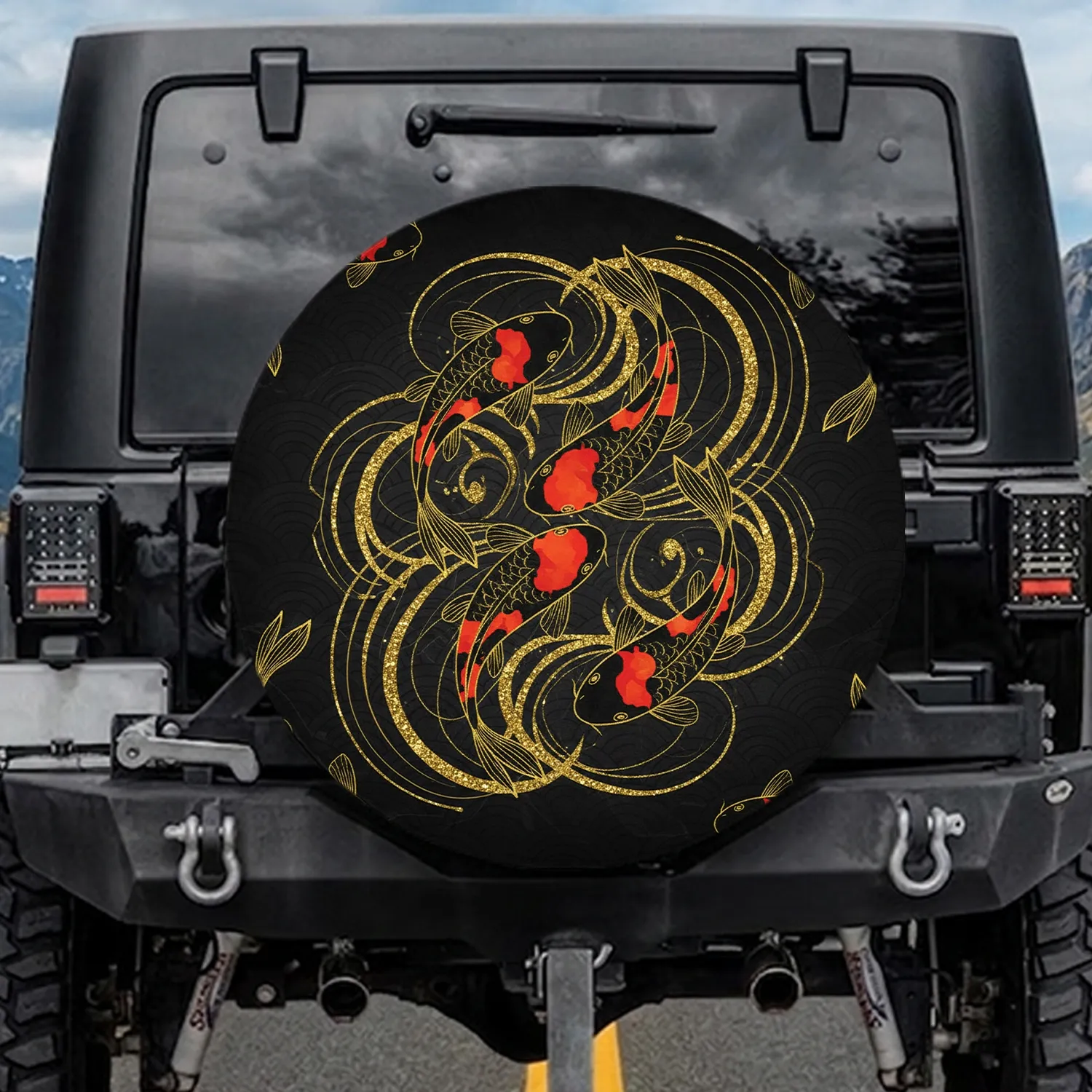 Black Red Koi Fish Gold Glitter Japanese Seigaiha Waves - Home Decor Gift for Fish Lover Spare Tire Cover - 1