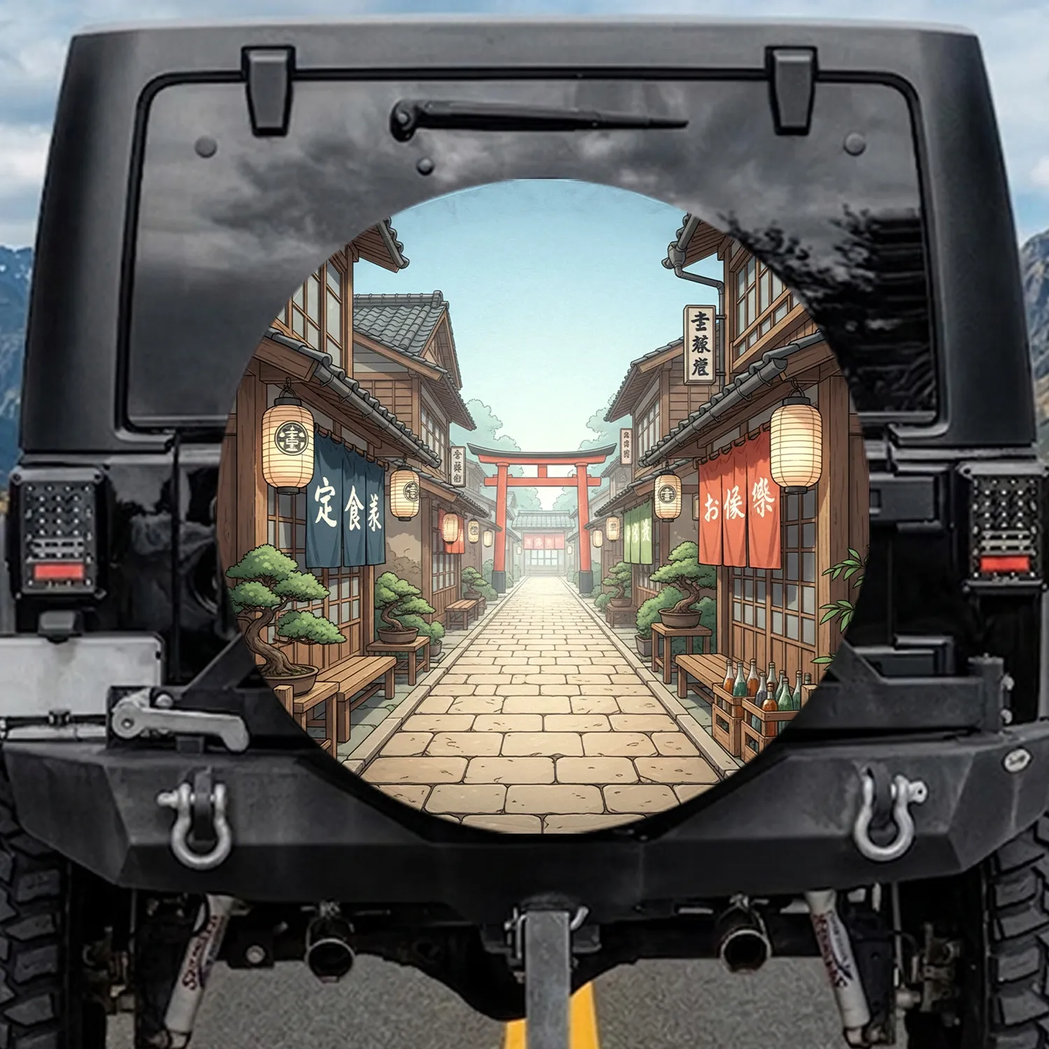 Japanese Street Scene Torii Gate Shophouse Lanterns - Travel Enthusiast Gift Spare Tire Cover - 1