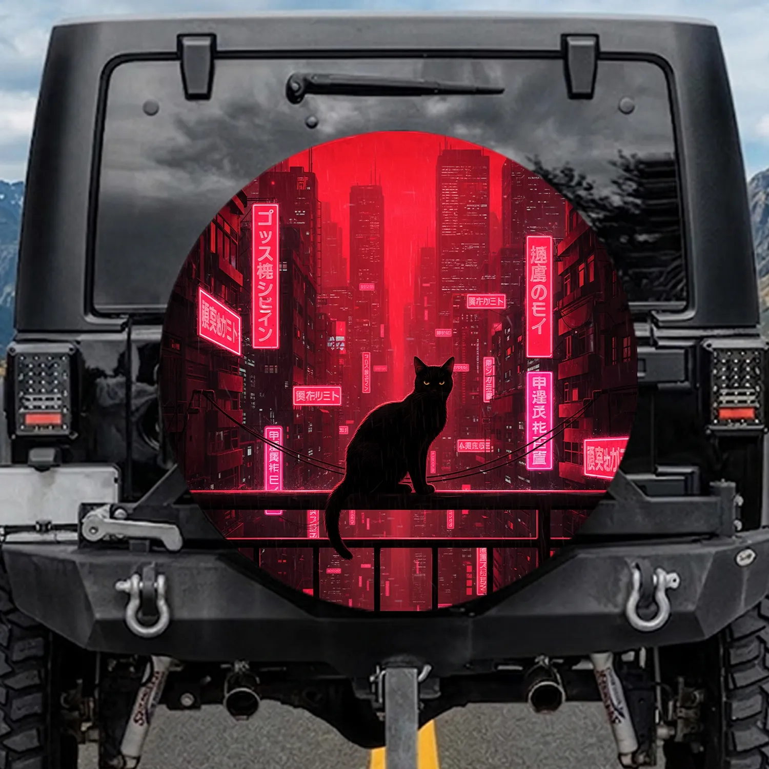 Sleek Black Cat Cyberpunk City Futuristic Skyscrapers - Urban Lifestyle Gift Spare Tire Cover - 1