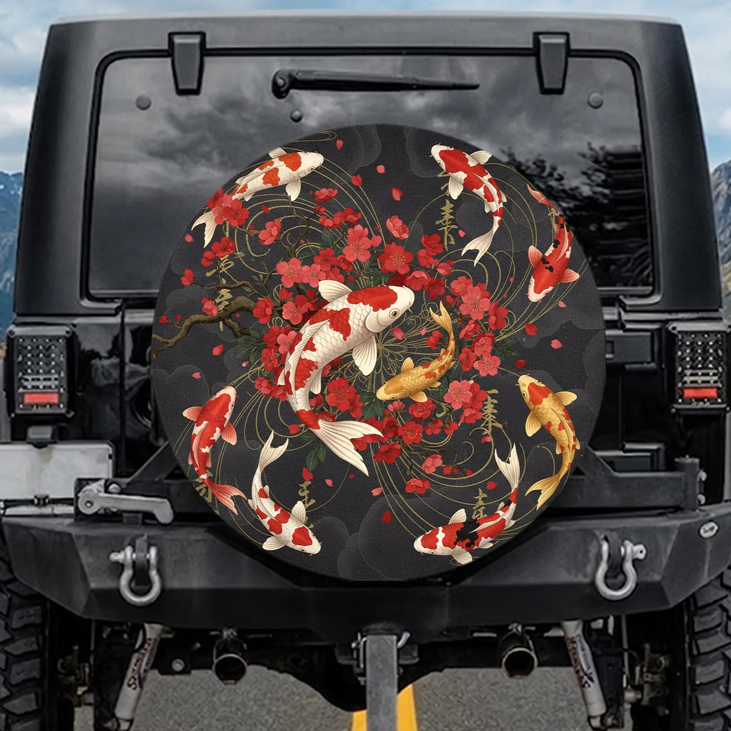 Large White Red Golden Koi Fish Cherry Blossom Green Leaf Water Swirls - Wildlife Lover Gift Spare Tire Cover - 1