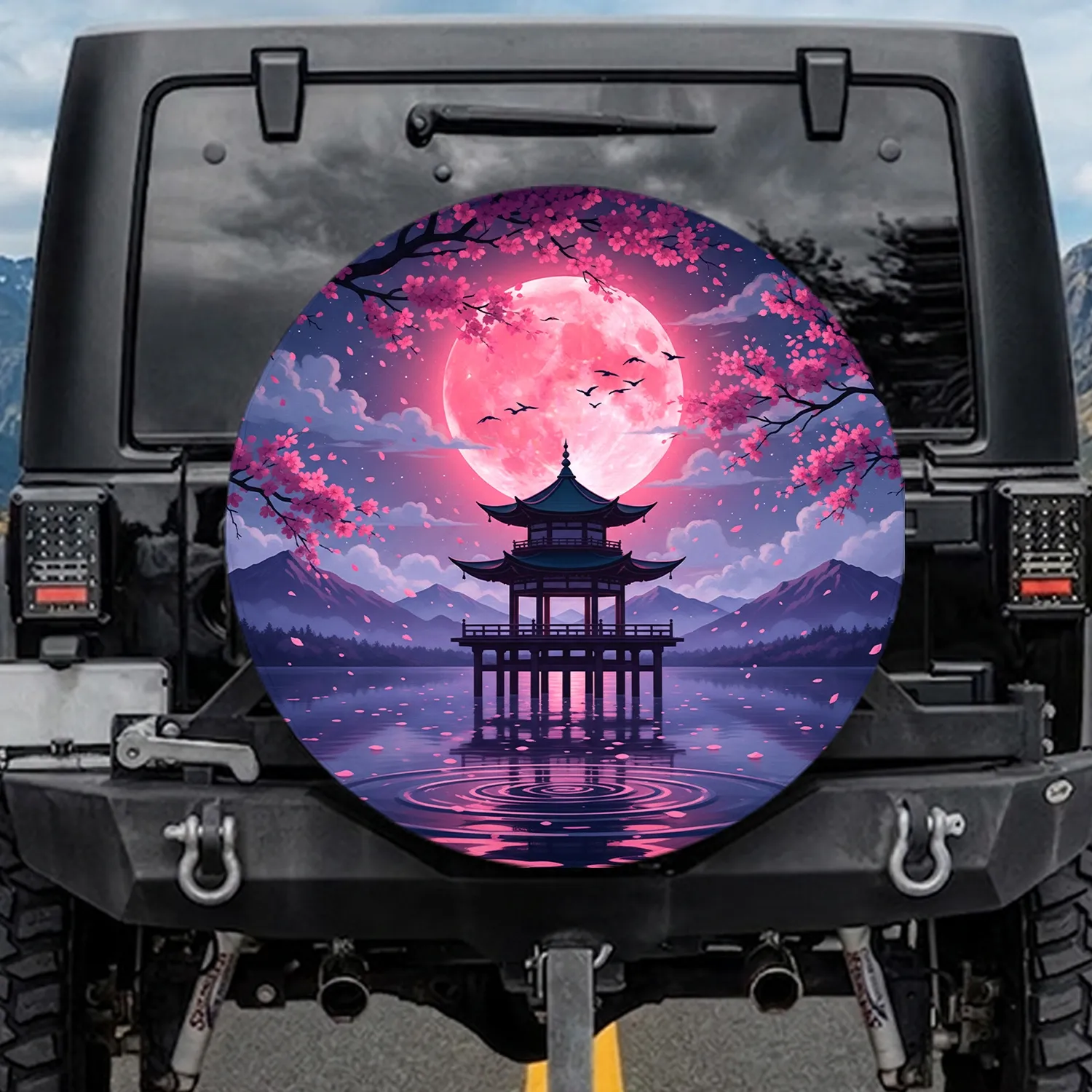 Japanese Pagoda Full Moon Cherry Blossom - Travel Essentials Fantasy Lover Gift Spare Tire Cover - 1