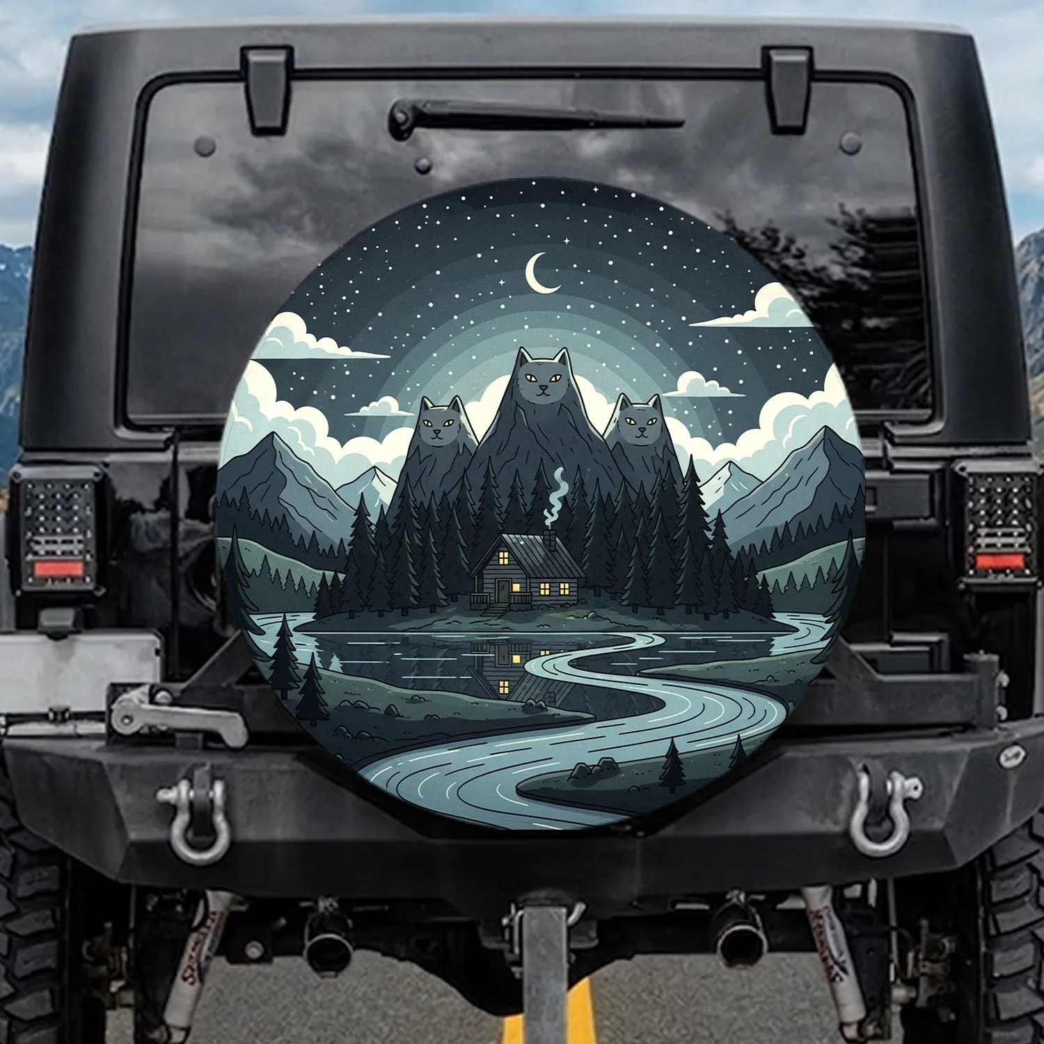 Warm Lit Cabin Evergreen Mountain Lake Starry Night - Travel Essentials Gift Spare Tire Cover - 1