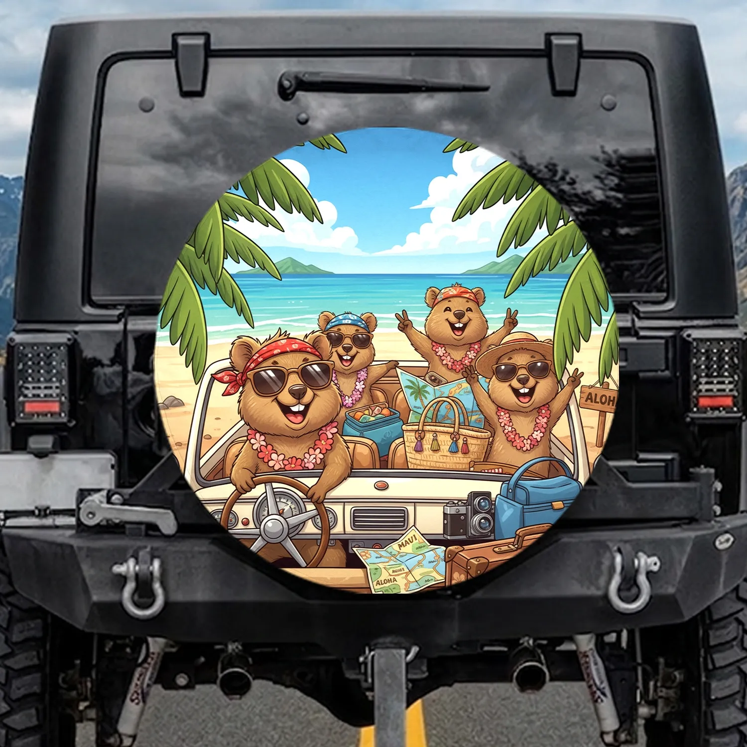 Quokka Tropical Road Trip Vintage Car Island Beach Scene - Travel Essentials Gift Spare Tire Cover - 1