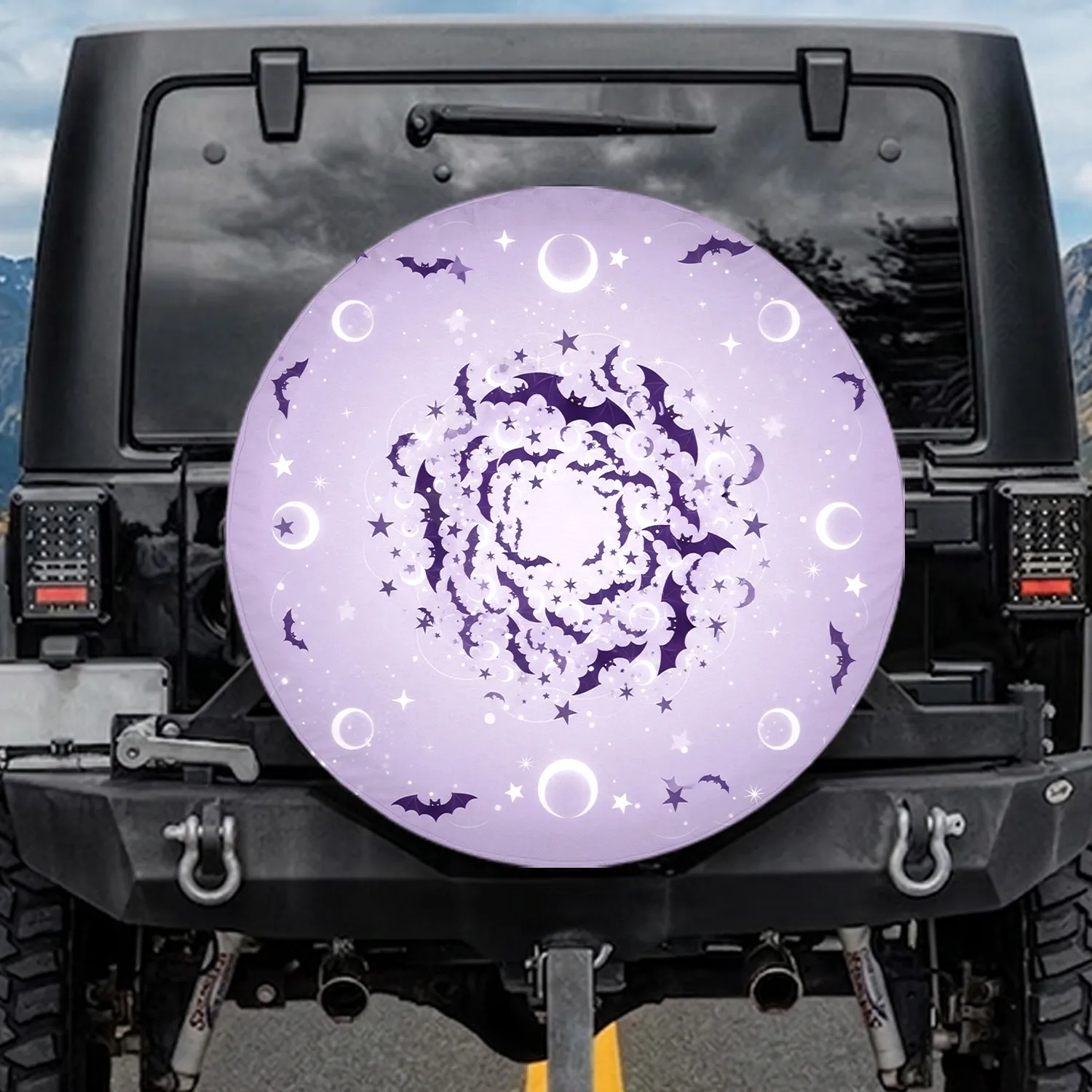 Purple Bats Crescent Moons Stars Celestial Decor for Bat Lover Spare Tire Cover - 1