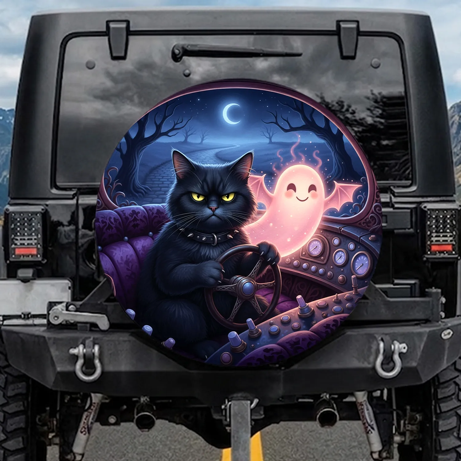 Black Cat Bat-Winged Ghost Gothic Car Night Road - Fantasy Car Accessory Gift Spare Tire Cover - 1
