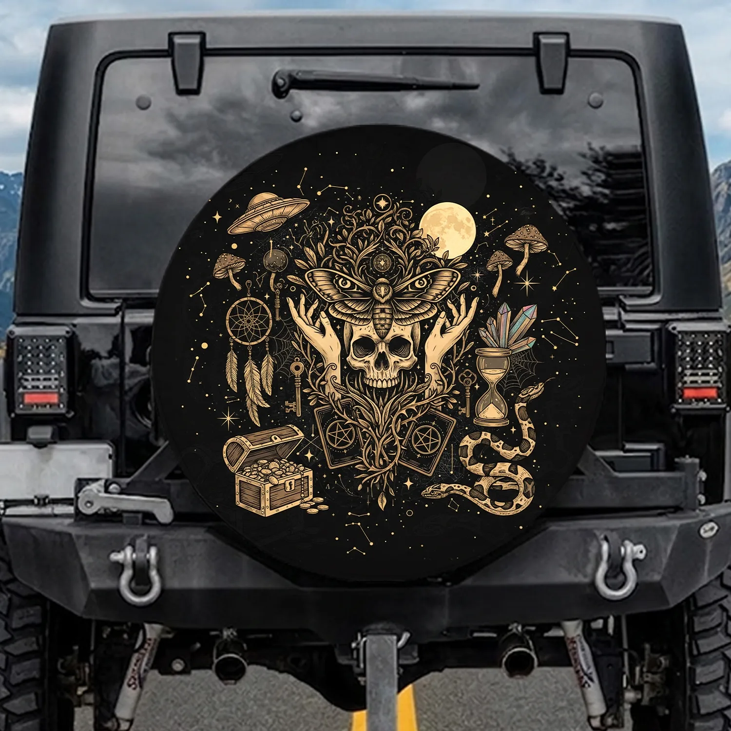 Mystical Skull Moth Moon Hands Tarot Snake - Mystic Home Decor Gift for Tarot Lovers Spare Tire Cover - 1
