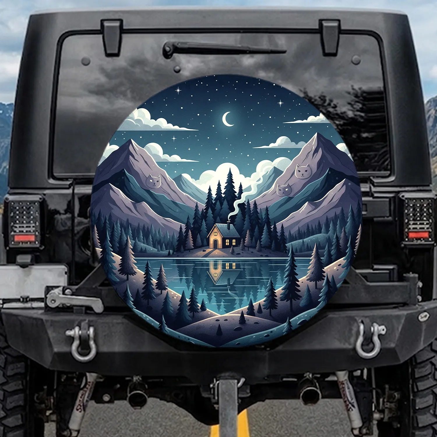 House Cat Mountain Peaks River Crescent Moon Starry Sky Pine Trees - Outdoor Decor Gift Spare Tire Cover - 1