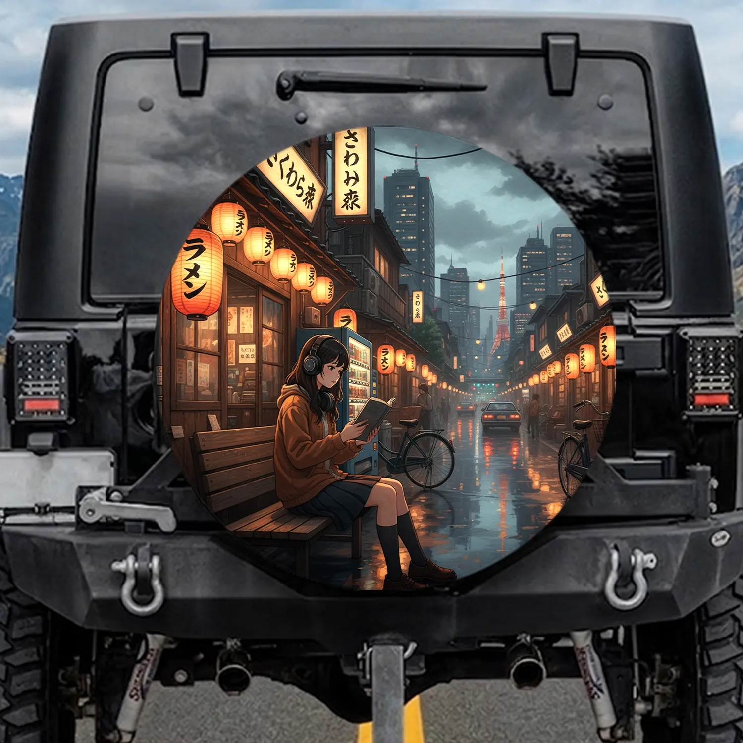 Thoughtful Young Woman Reading Japanese Street - Travel Essentials for Japan Fan Spare Tire Cover - 1