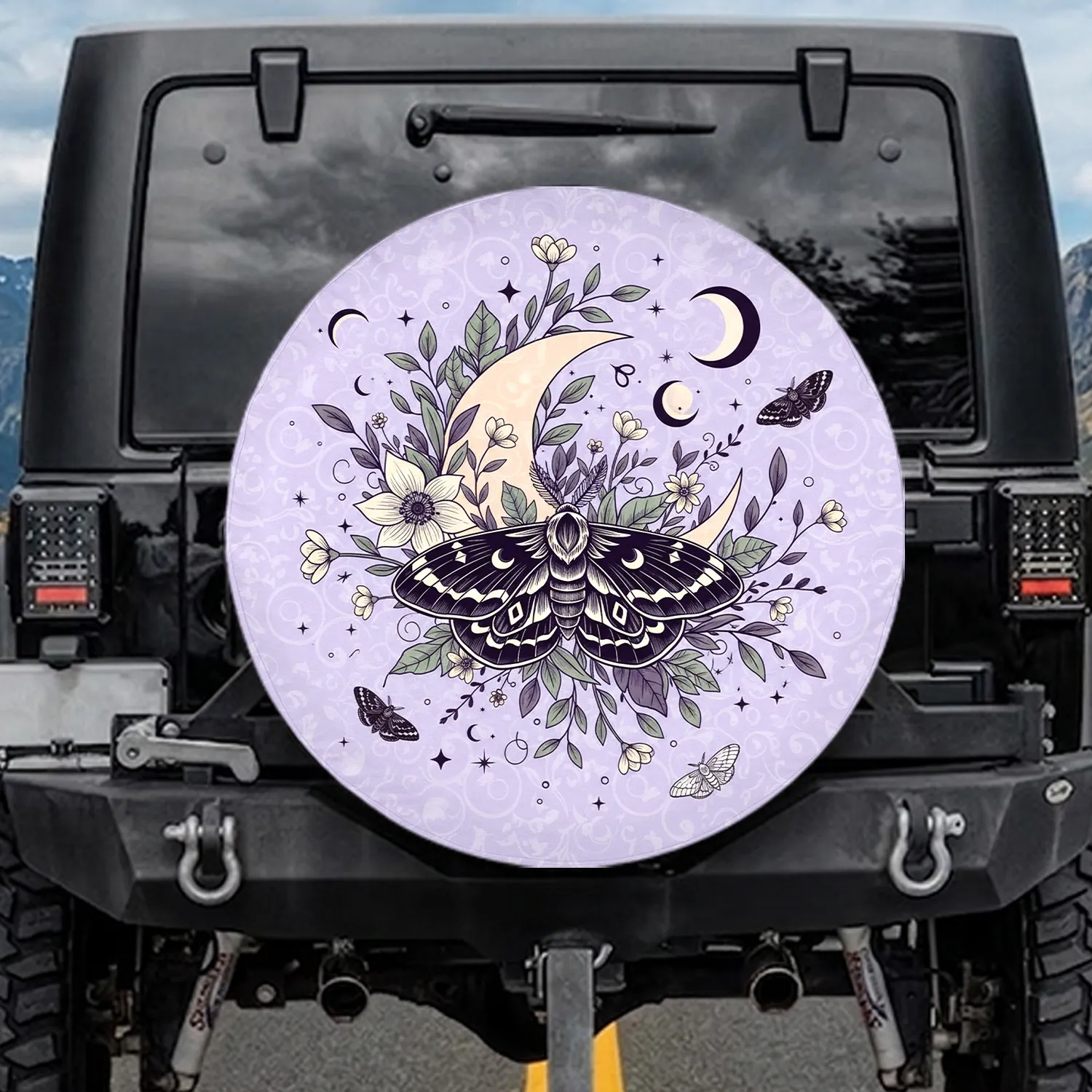 Elegant Dark Moth Crescent Moon Flowers Celestial Botanical - Bohemian Gothic Decor Gift Spare Tire Cover - 1