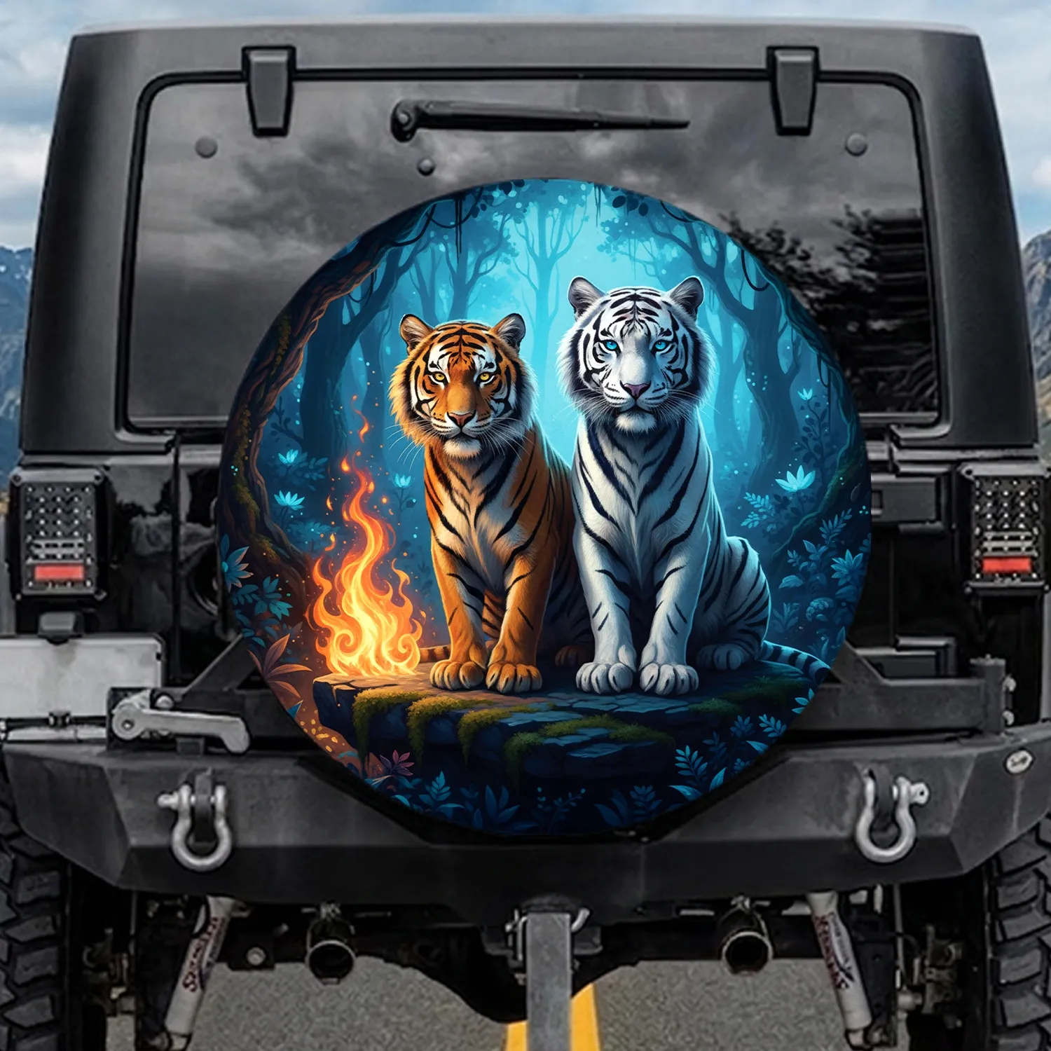 Orange White Tigers Blue Jungle Flames Rocky Ledge - Tiger Lover Gift Spare Tire Cover - 1