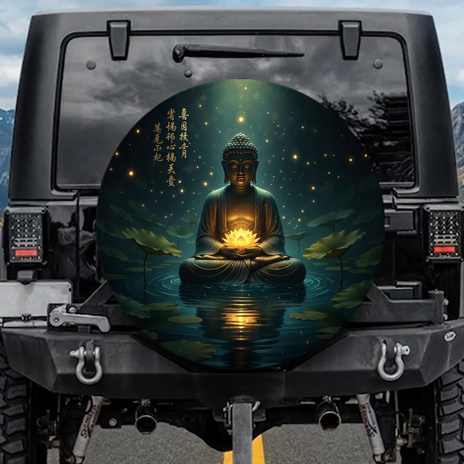 Contemplative Bronze Buddha Golden Lotus - Yoga Gift for Meditation Lover Spare Tire Cover - 1