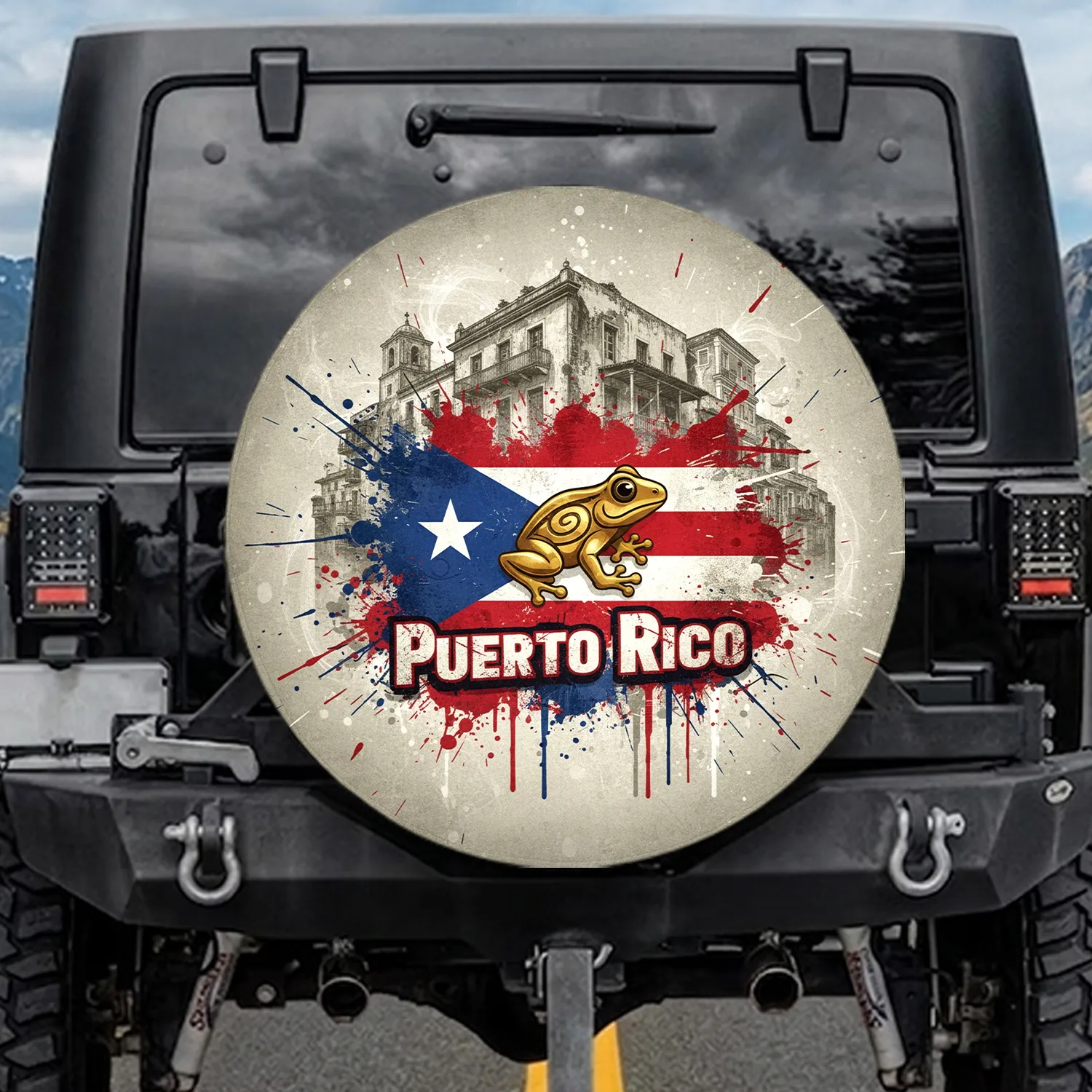 Puerto Rican Flag Taino Coqui Frog San Juan Buildings - Puerto Rican Heritage Gift Spare Tire Cover - 1