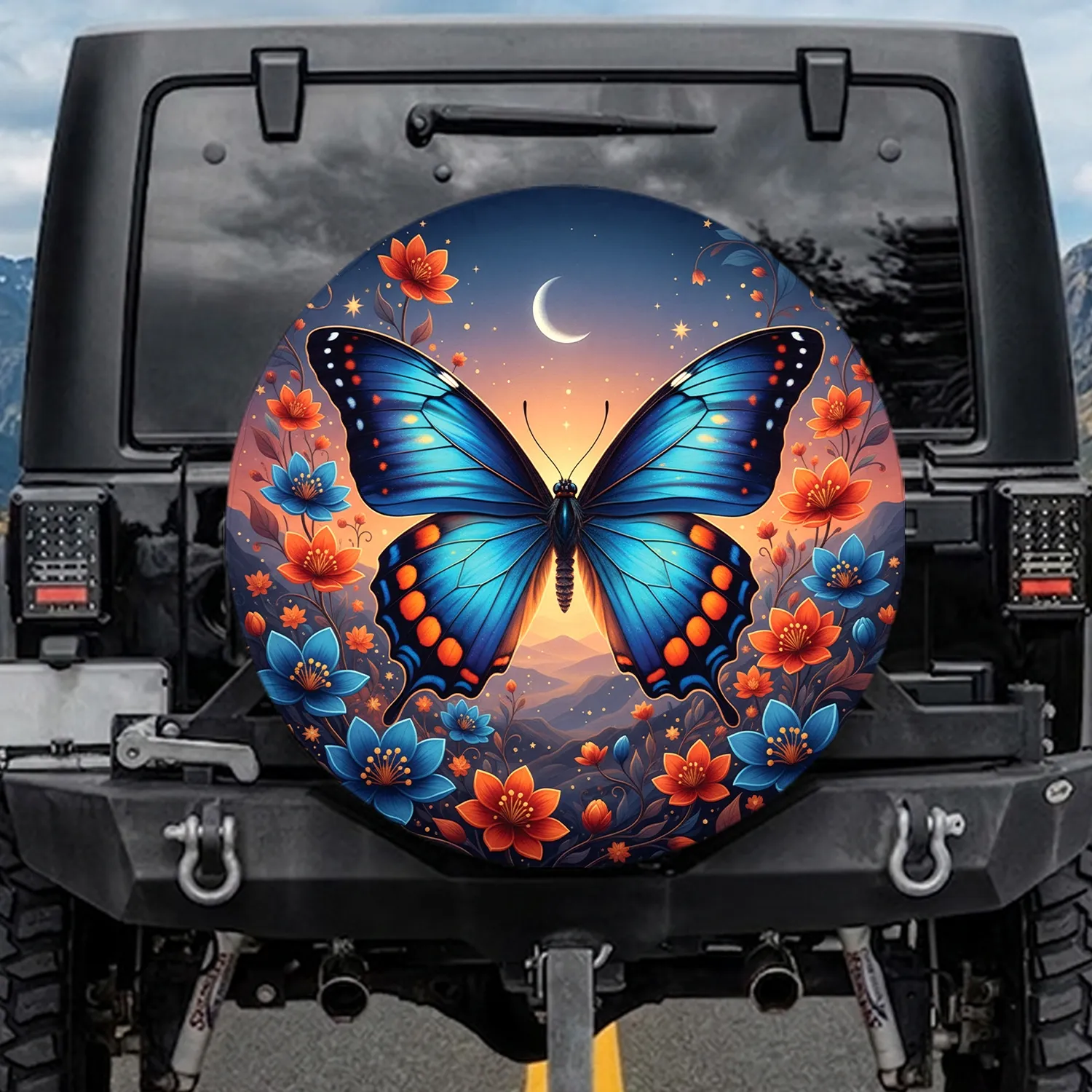 Iridescent Morpho Butterfly Fantasy Flowers - Fantasy Lover Gift Spare Tire Cover - 1