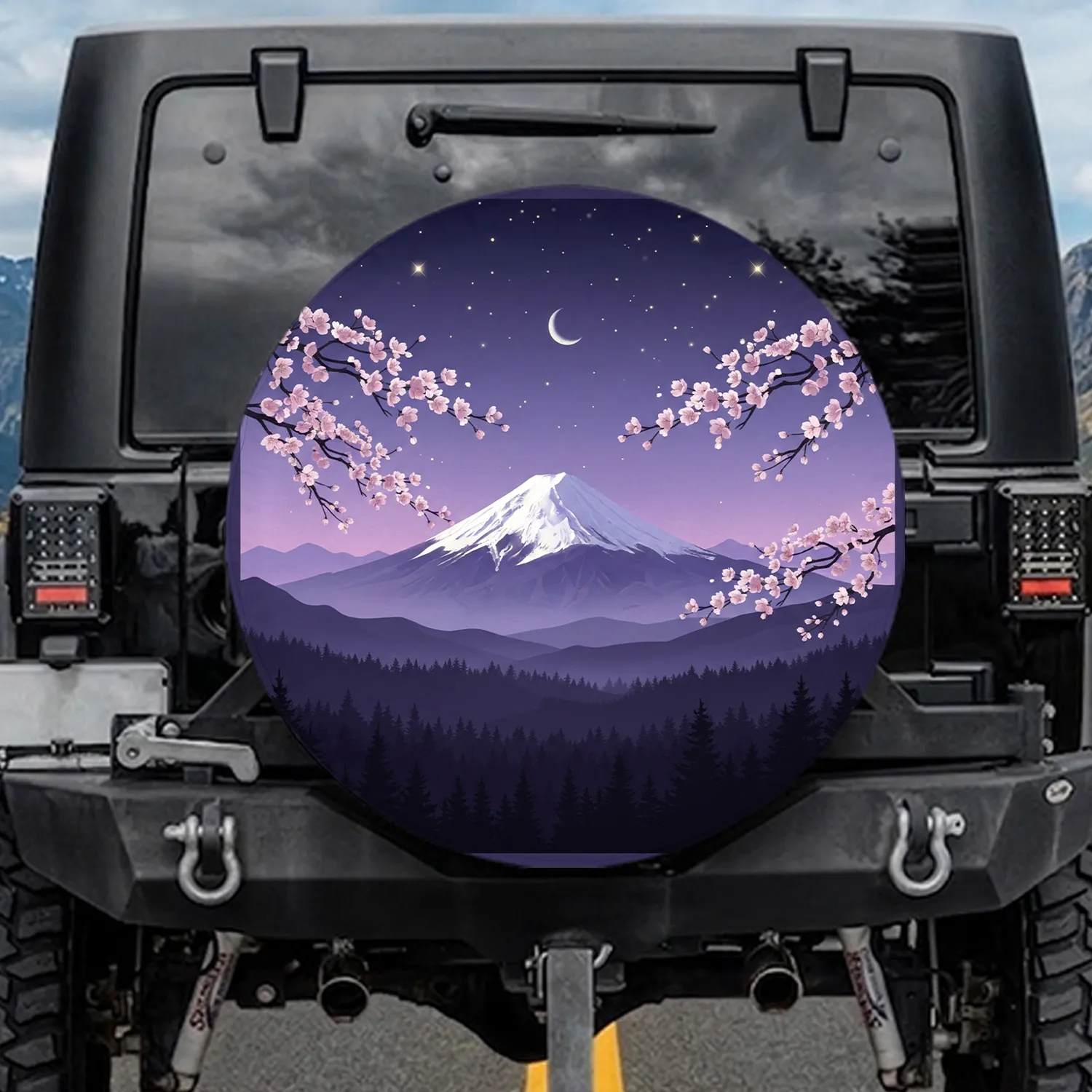 Snow-Capped Mountain Cherry Blossom Night Sky Forest - Adventure Lover Gift Spare Tire Cover - 1