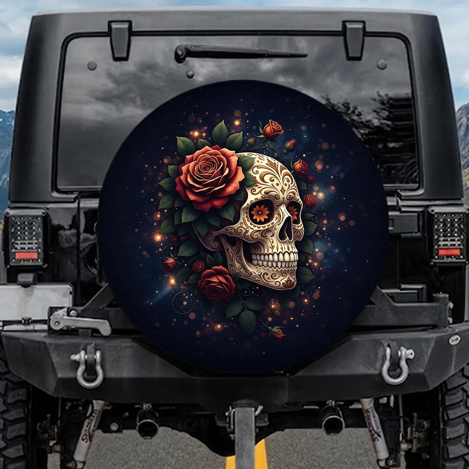 Sugar Skull Rose Floral Night Sky - Day of the Dead Gift Spare Tire Cover - 1