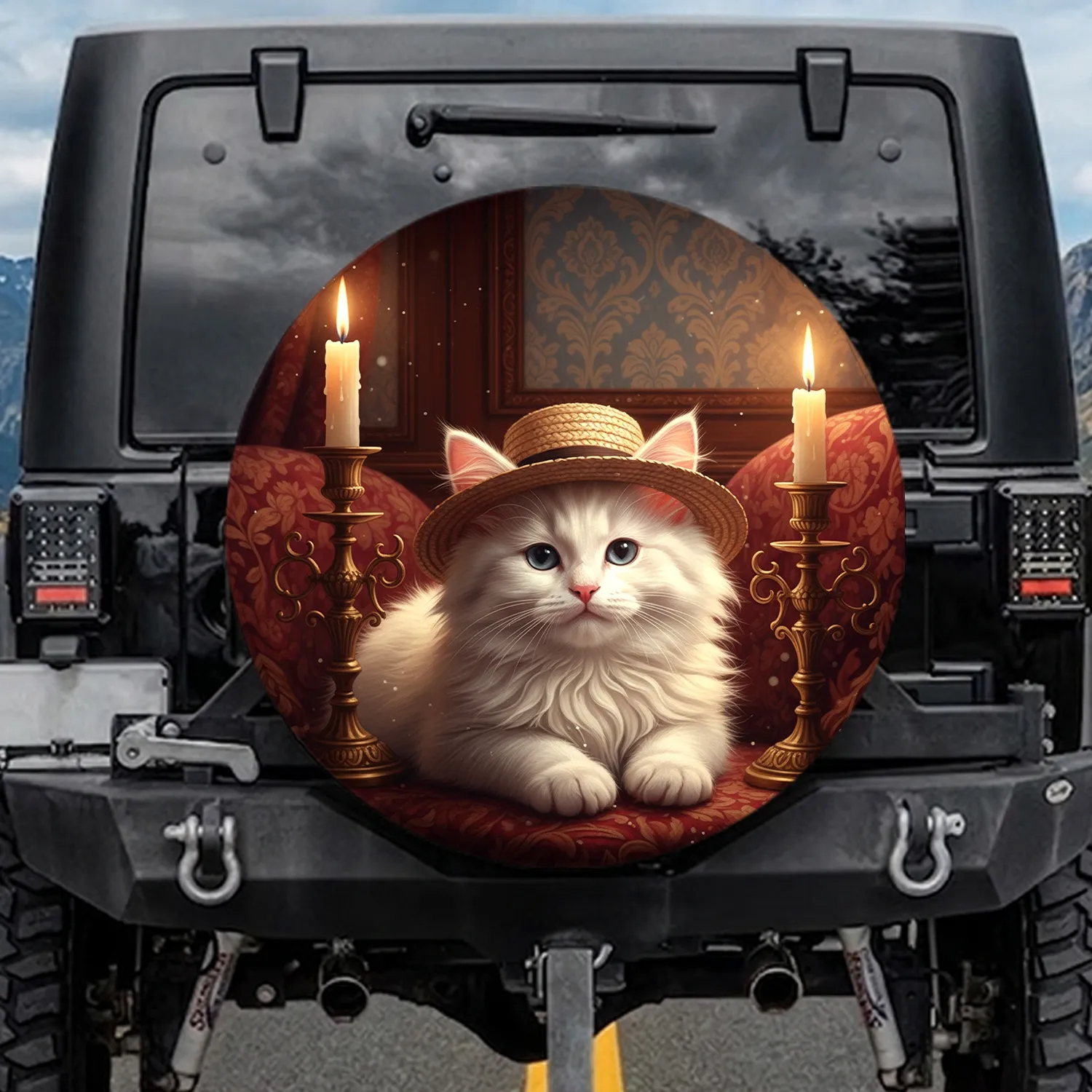 White Kitten Straw Fedora Candelabra Luxurious Interior - Home Decor Gift for Cat Lover Spare Tire Cover - 1
