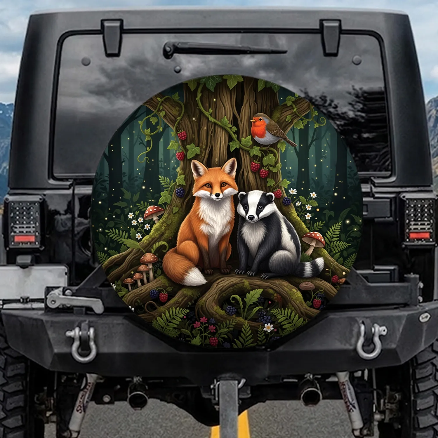 Forest Fox Badger Robin Berry Wildflower - Wildlife Lover Gift Spare Tire Cover - 1