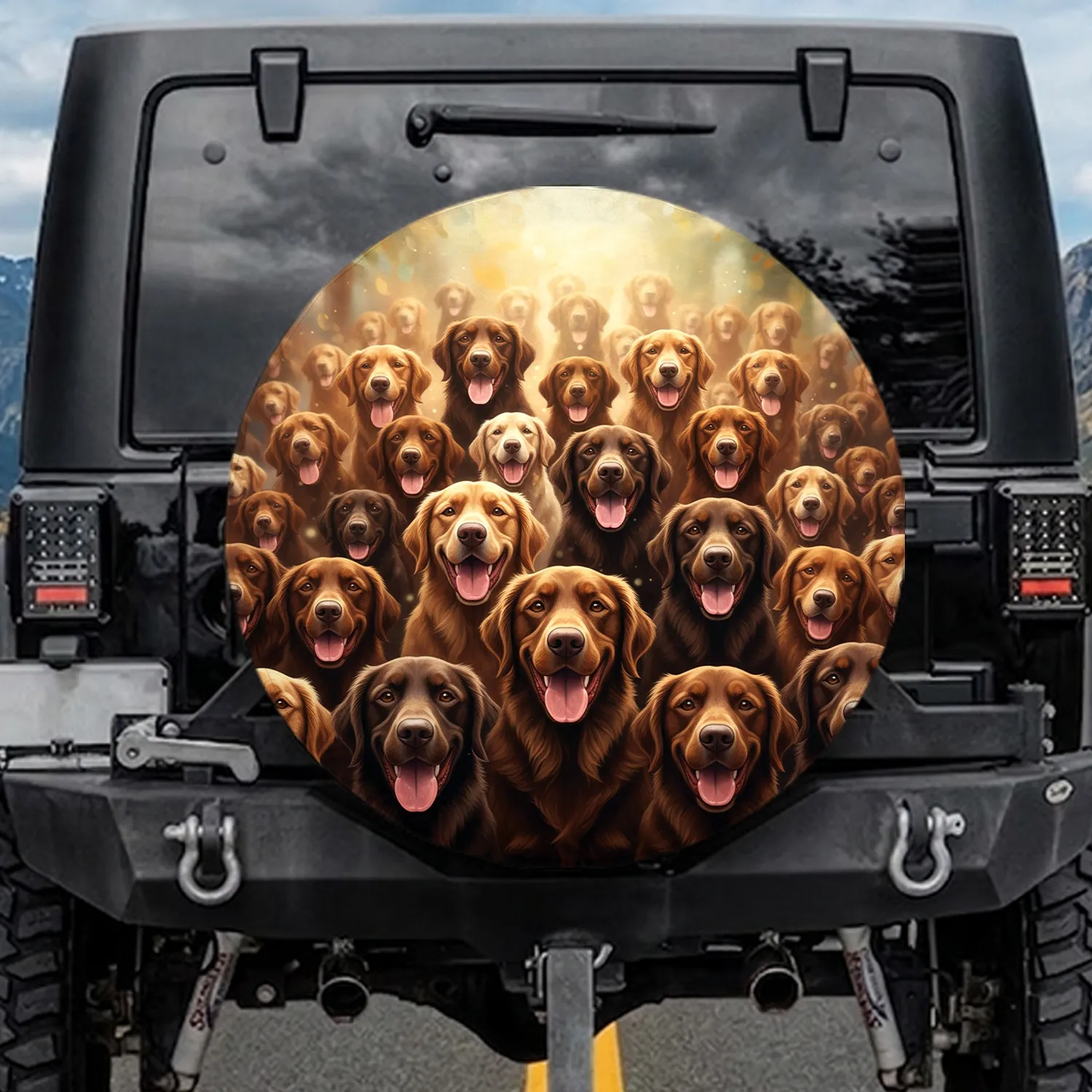 Varied Panting Chocolate Brown Retriever Dog Group - Dog Lover Auto Decor Gift Spare Tire Cover - 1