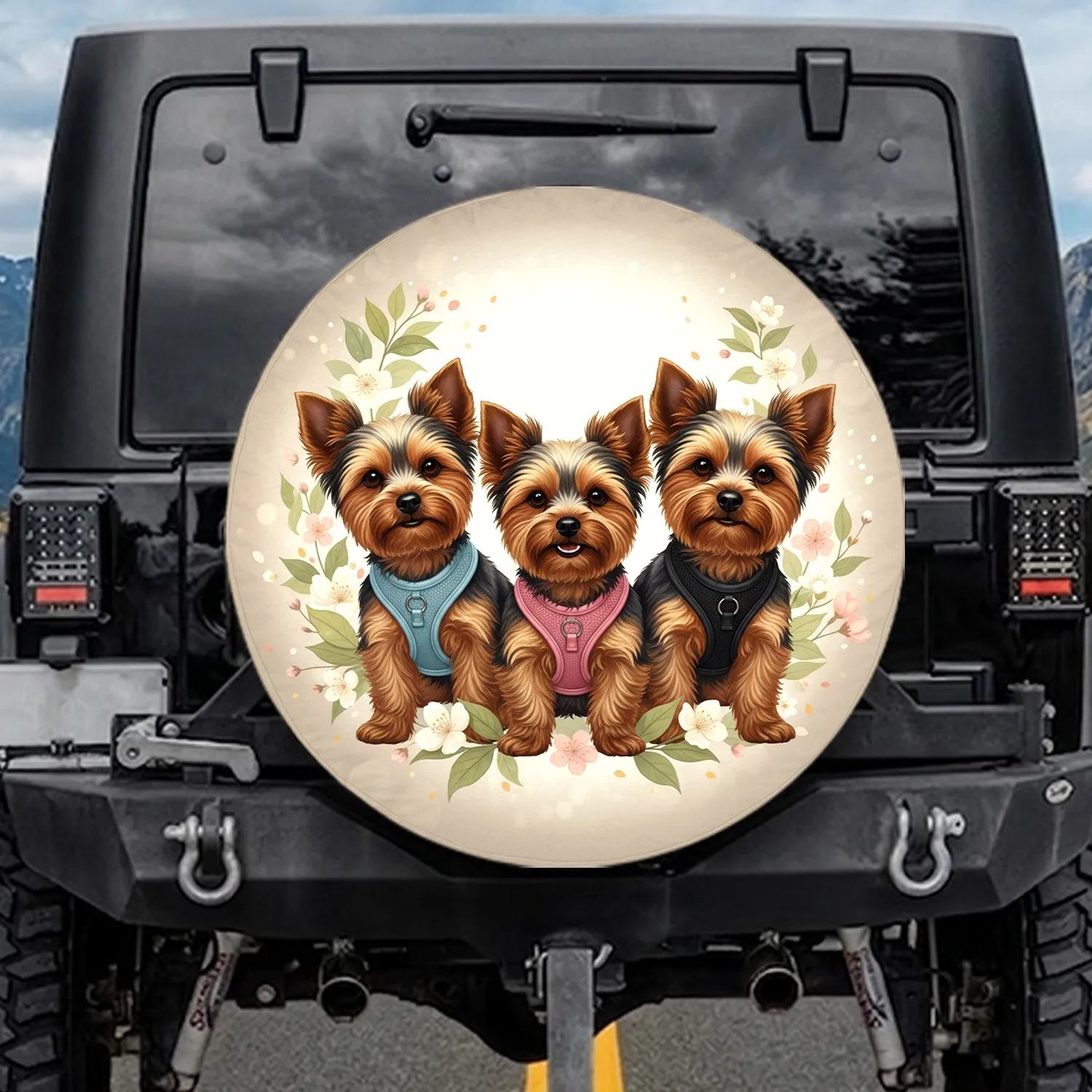 Happy Yorkshire Terriers with Harnesses and Fluffy Fur Dog Lover Gift Spare Tire Cover - 1