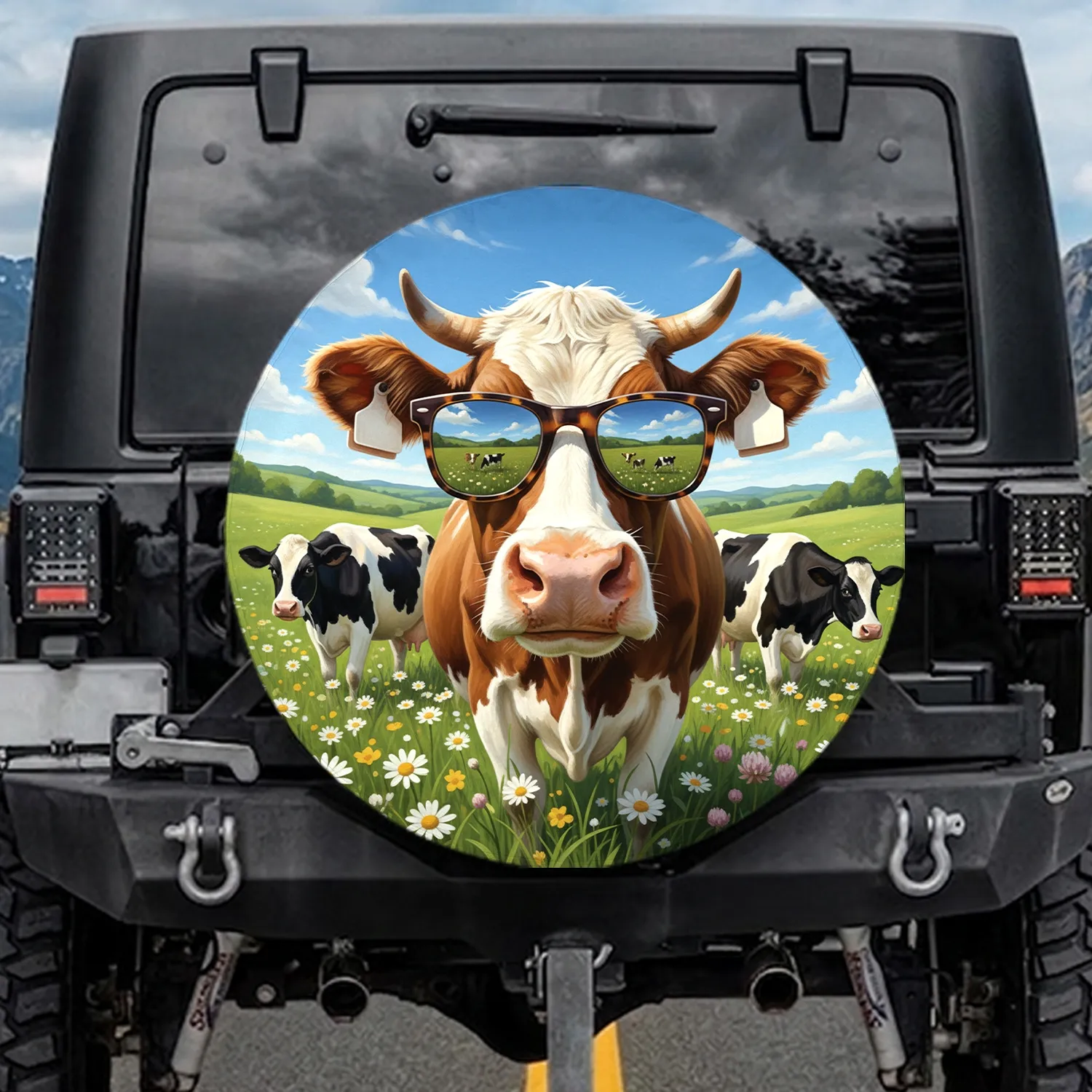 Holstein Cow Sunglasses Daisy Meadow - Farmhouse Decor Gift for Cow Lover Spare Tire Cover - 1