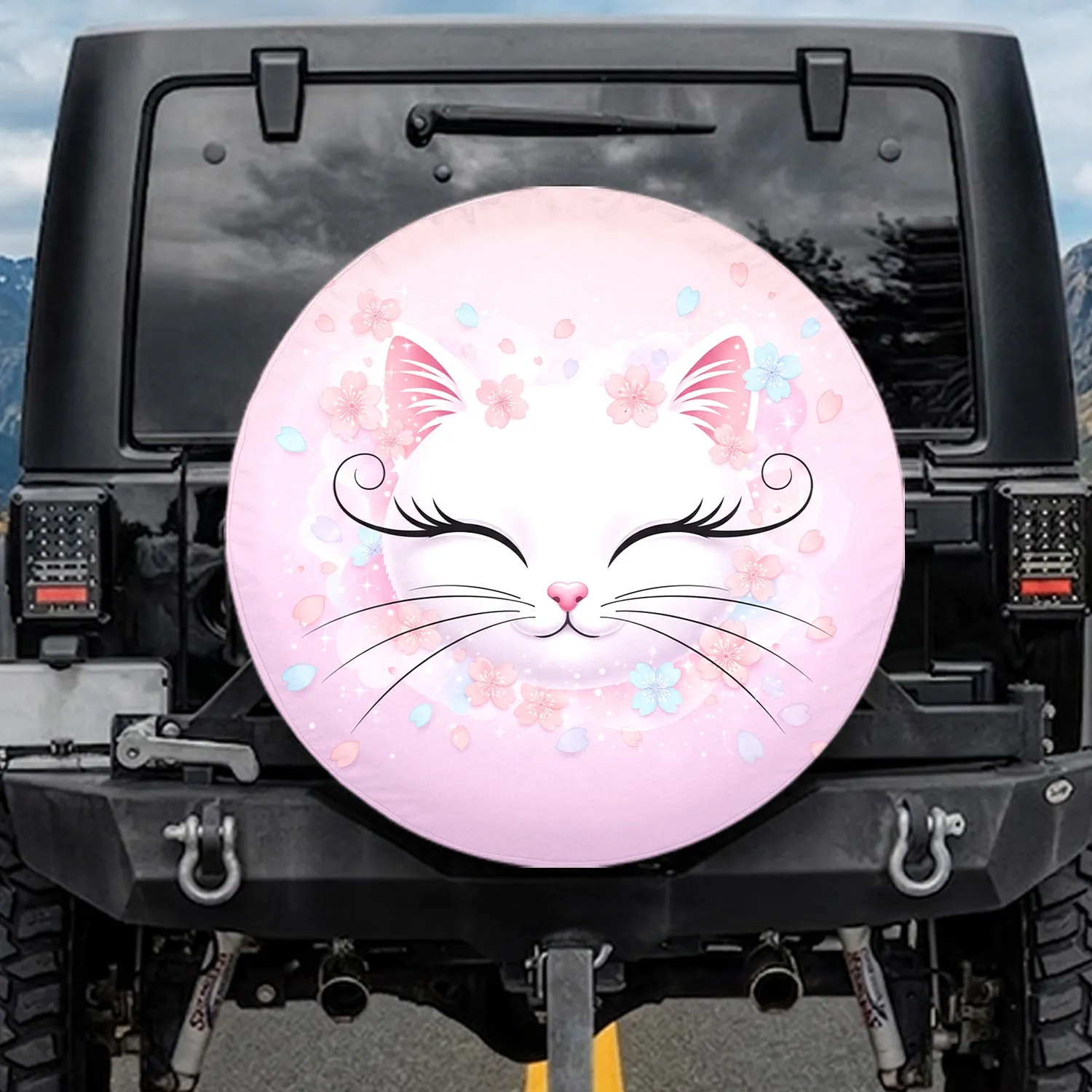 White Cat Face Pink Heart Nose Pastel Cherry Blossom Petals - Everyday Use for Cat Lover Spare Tire Cover - 1