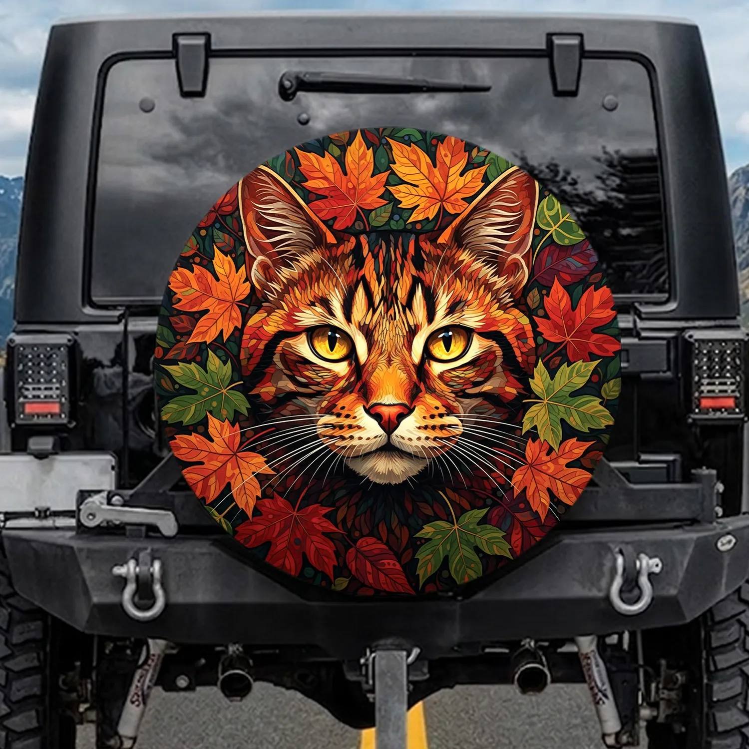 Mosaic Cat Face Autumn Leaves Wildlife Lover Gift for Cat Lover Spare Tire Cover - 1
