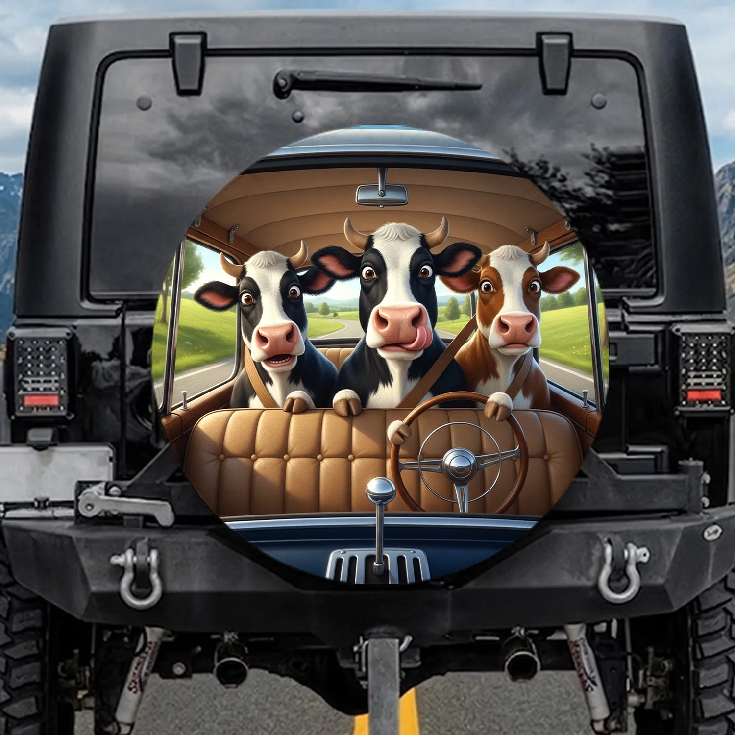 Three Cows Vintage Car Rural Road Trip - Road Trip Essential for Cow Lover Spare Tire Cover - 1