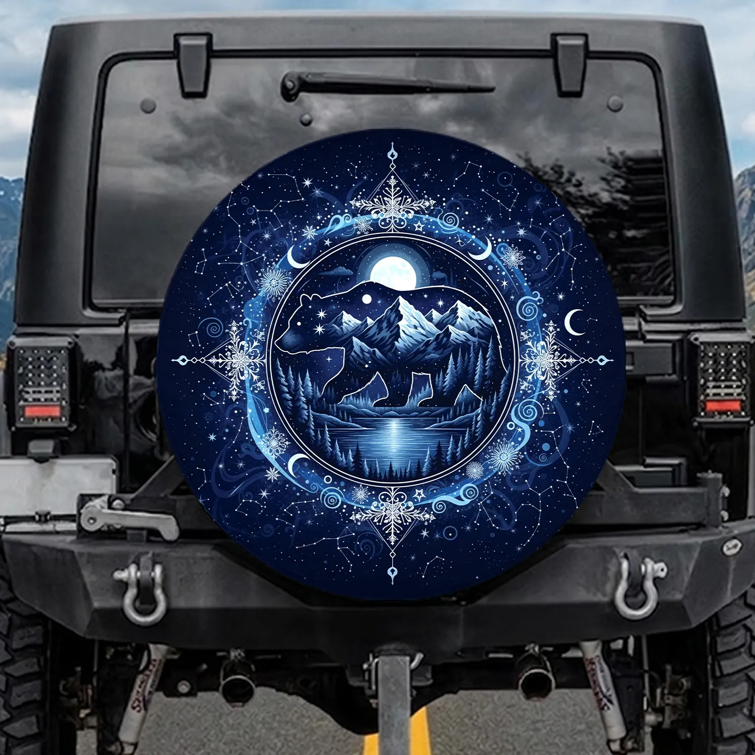 Bear Mountain Lake Moon Stars Snowflakes - Nature Lover Gift Spare Tire Cover - 1