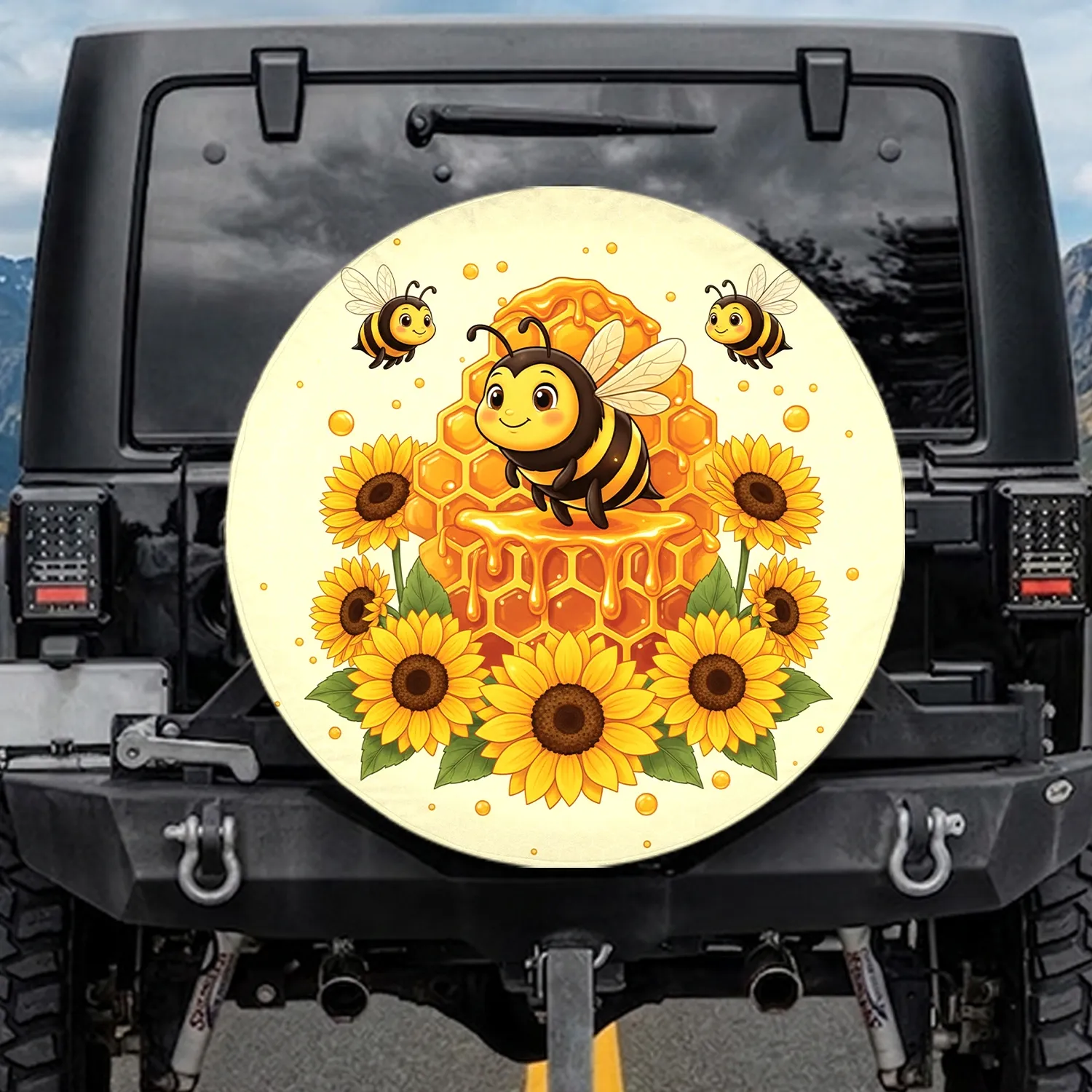 Golden Honeycomb Dripping Honey Bee Sunflowers - Sweet Home Decor Gift for Garden Lover Spare Tire Cover - 1
