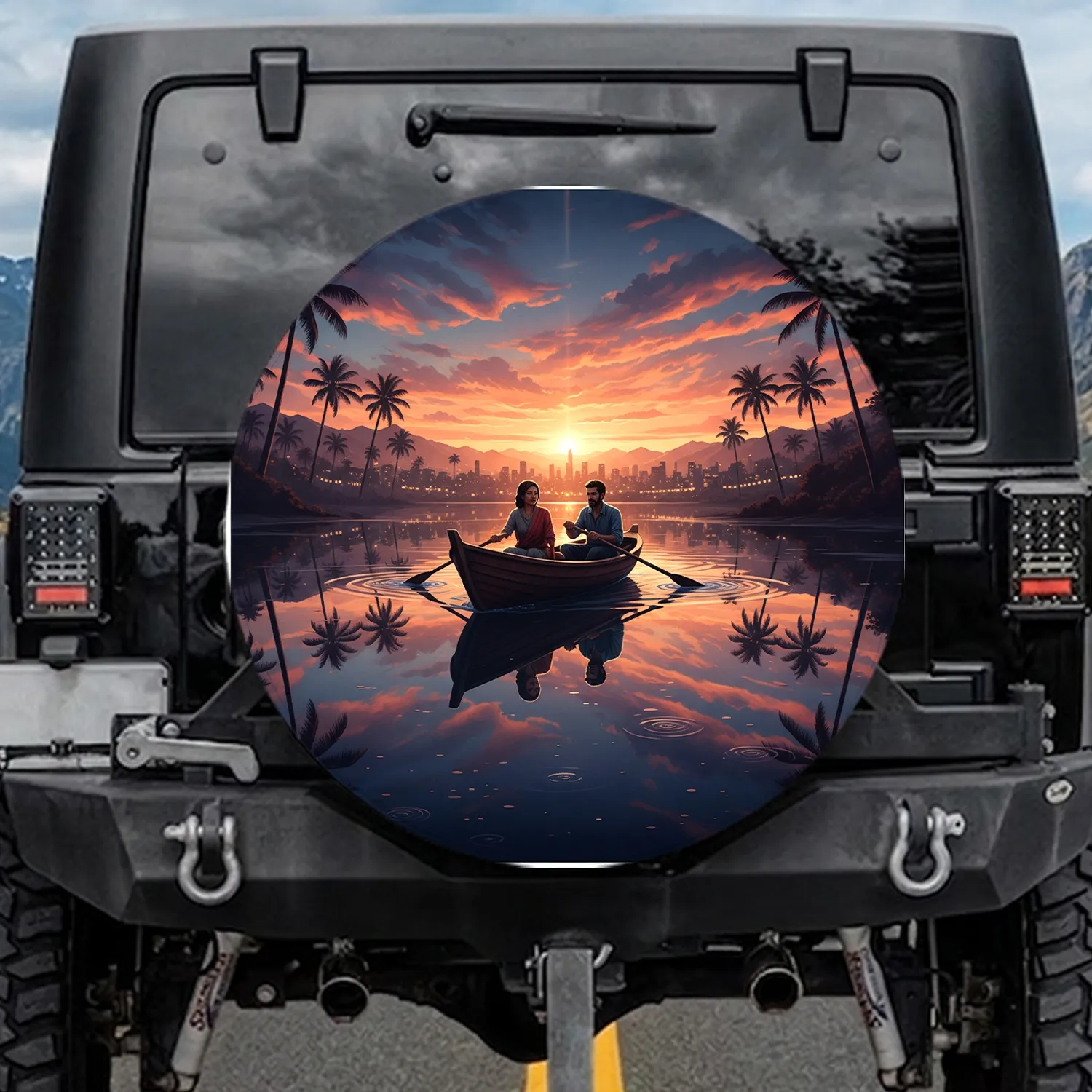 Wooden Rowboat Sunset Cityscape Palm Tree Reflected Water Scene - Traveler Gift Spare Tire Cover - 1