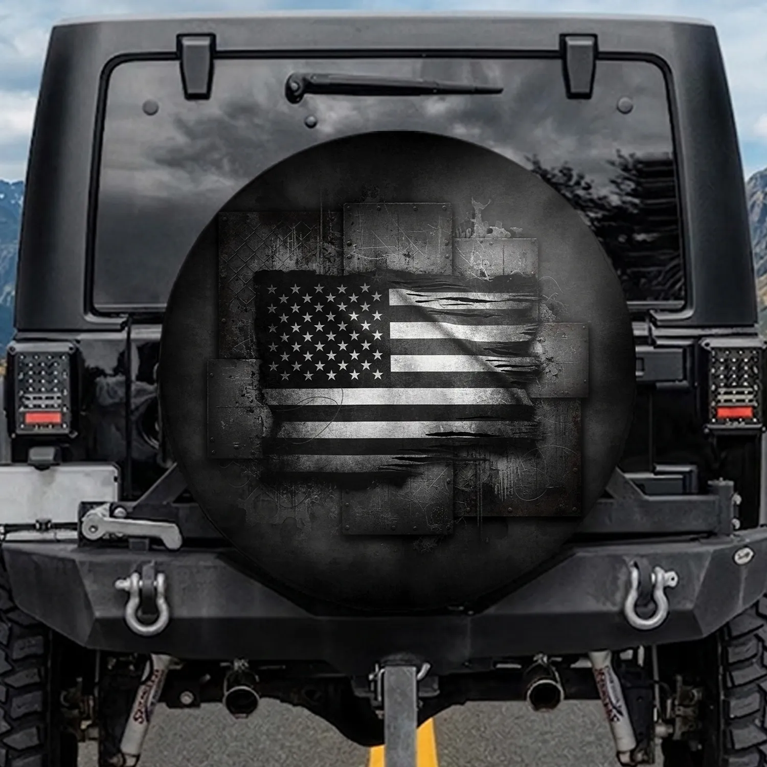 Monochrome Distressed American Flag - Independence Day Gift for Veterans Spare Tire Cover - 1