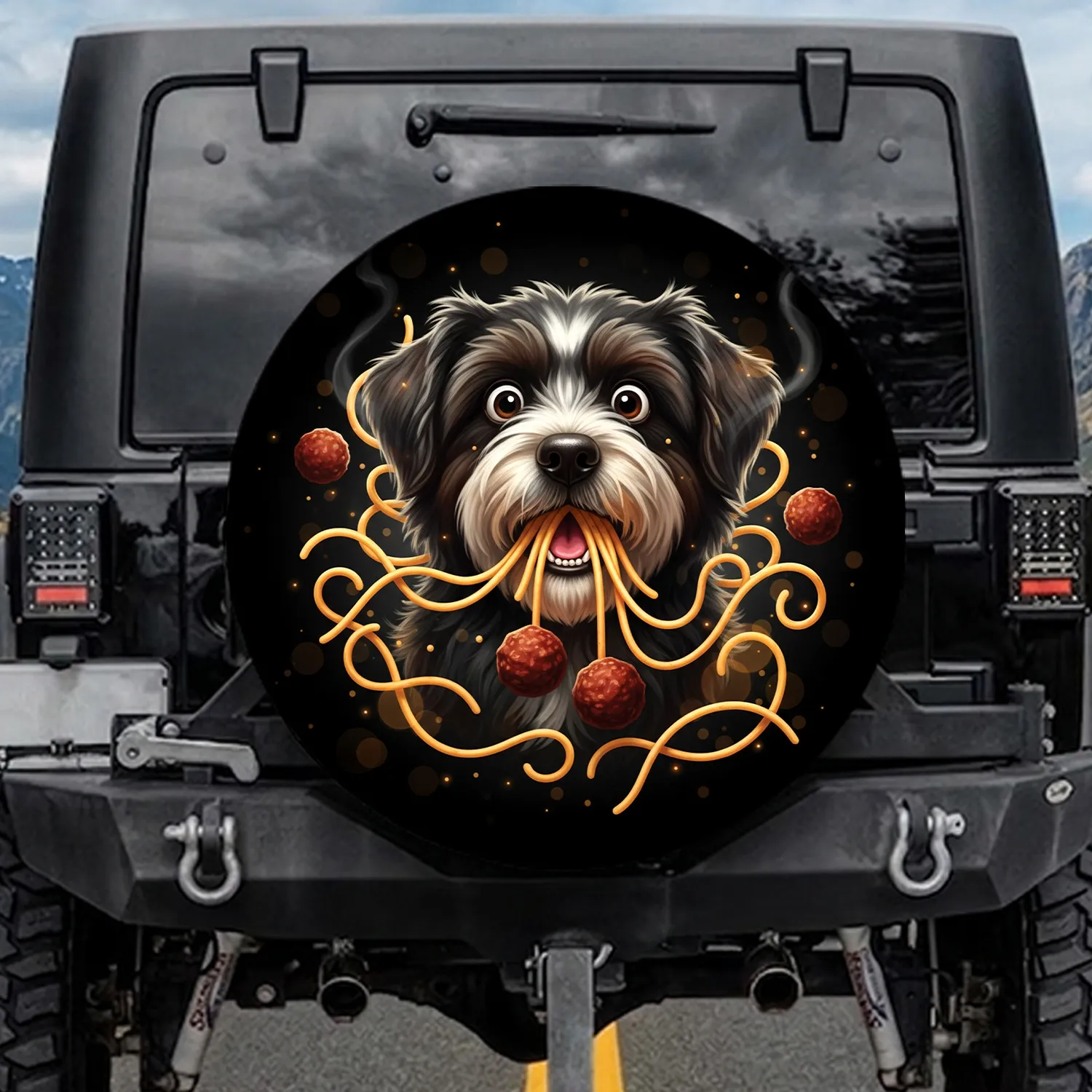 Comically Surprised Shaggy Dog Spaghetti Meatball Pasta Dinner - Dog Food Lover Gift Spare Tire Cover - 1