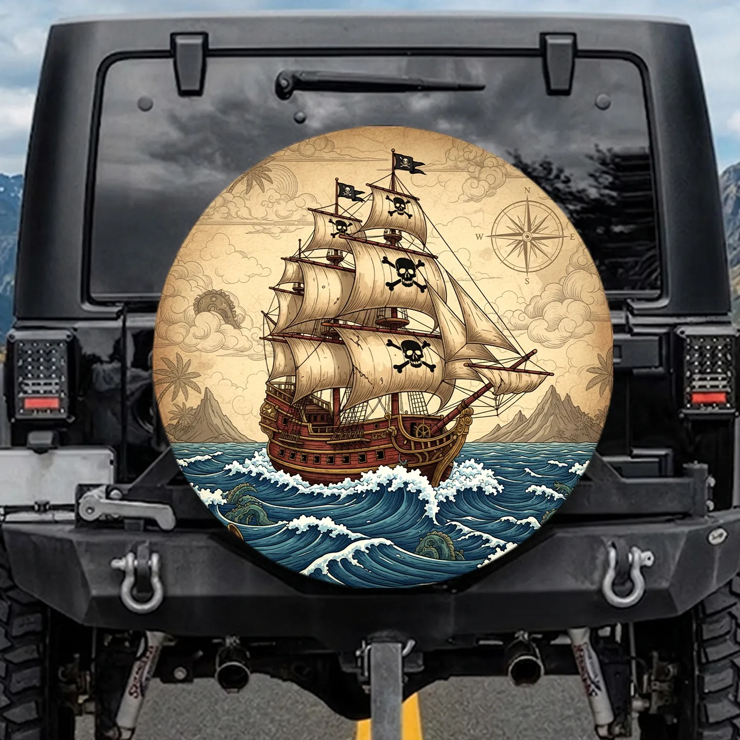Pirate Galleon Skull Ship Compass Rose Sea Monsters - Adventure Travel Gift for Explorers Spare Tire Cover - 1