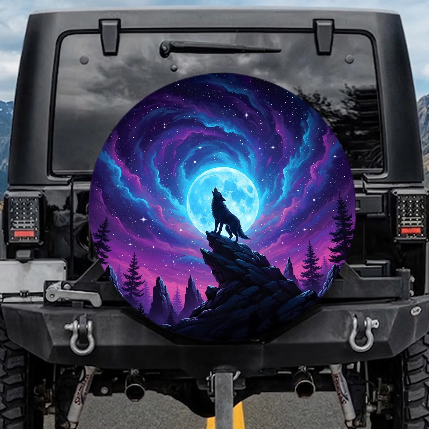 Wolf Howling Bright Blue Full Moon Rocky Outcrop - Wildlife Lover Gift Spare Tire Cover - 1