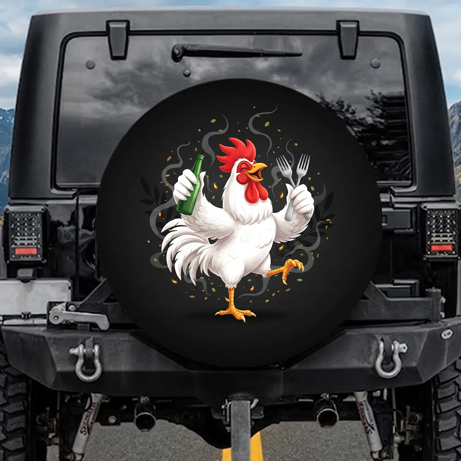 White Rooster Bottle Forks BBQ Smoke Embers - Grilling Party Outdoor Decor Gift for BBQ Lover Spare Tire Cover - 1