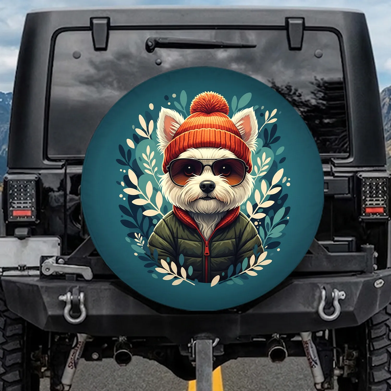 White Fluffy Dog Sunglasses Beanie Jacket - Dog Lover Gift Spare Tire Cover - 1