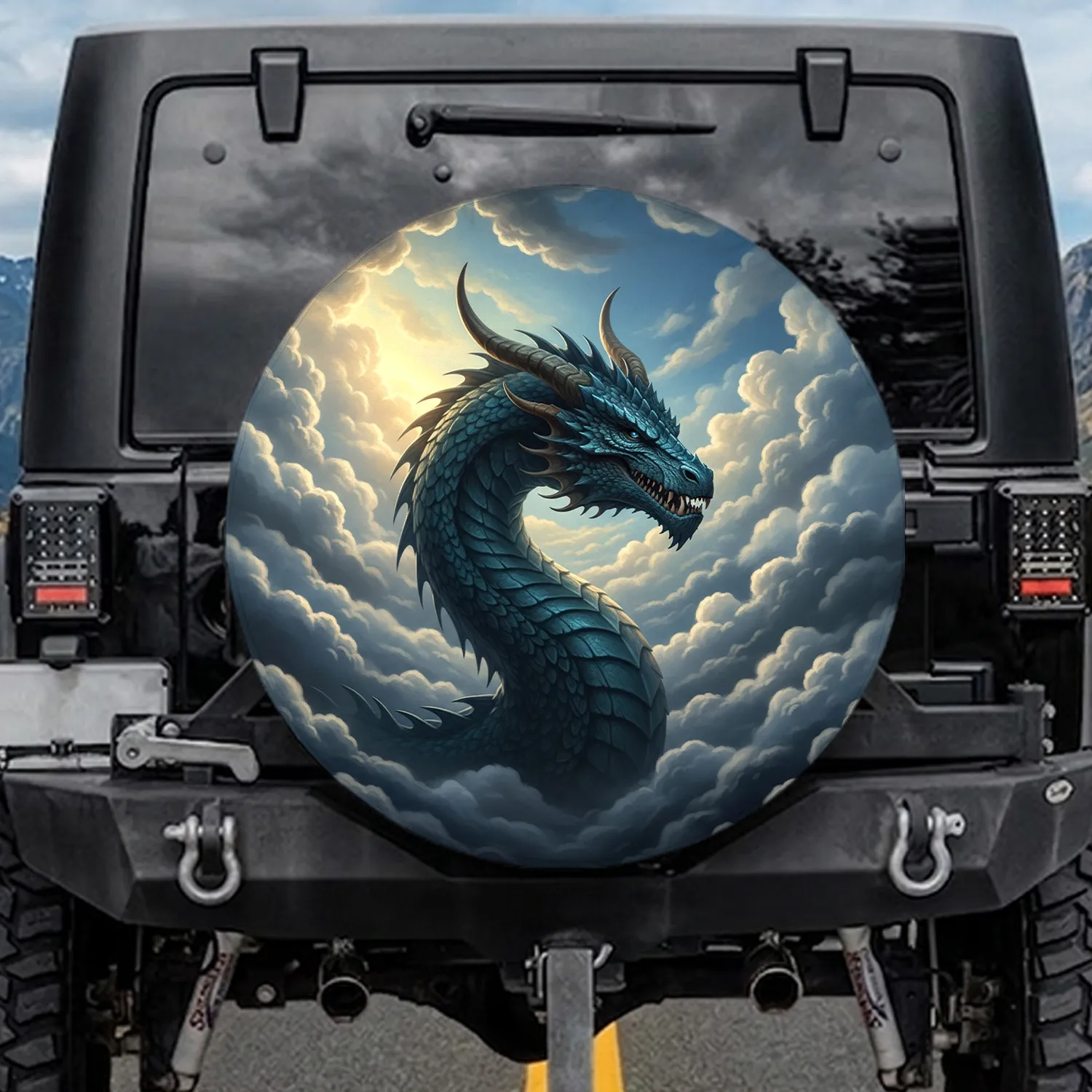 Majestic Dark Teal Dragon Head Clouds Sky Sunbeams - Fantasy Lover Gift Spare Tire Cover - 1