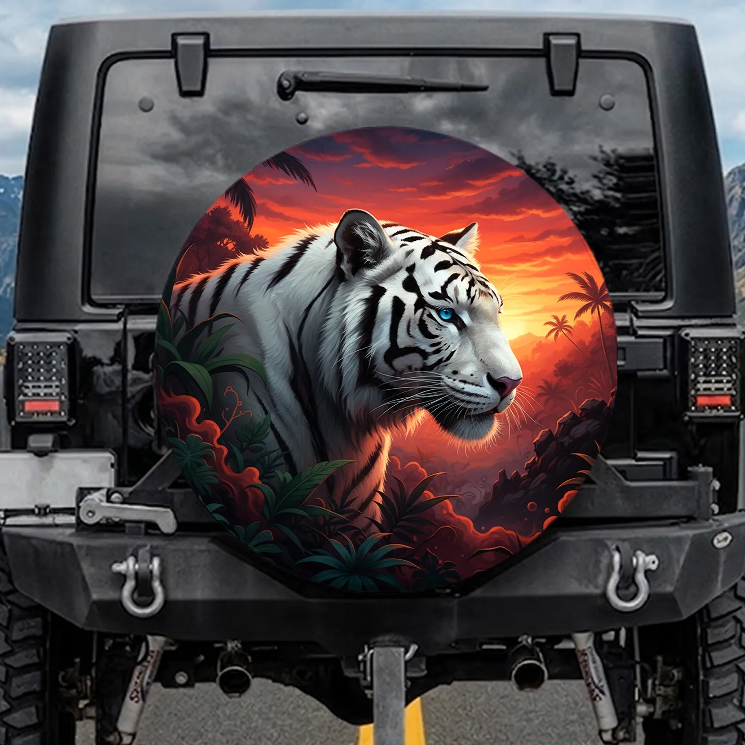 Majestic White Tiger Head Wild Jungle Sunset - Outdoor Adventure Gift Spare Tire Cover - 1
