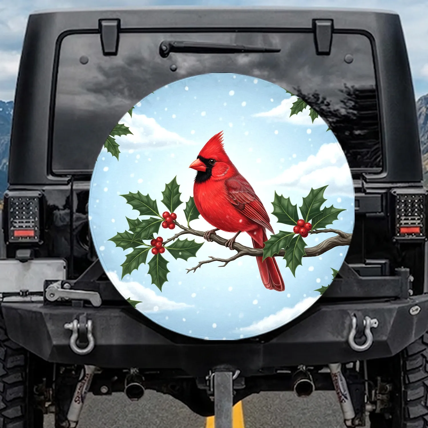 Northern Cardinal Perched Holly Branch Red Berries Winter Snow Sky - Wildlife Lover Gift Spare Tire Cover - 1