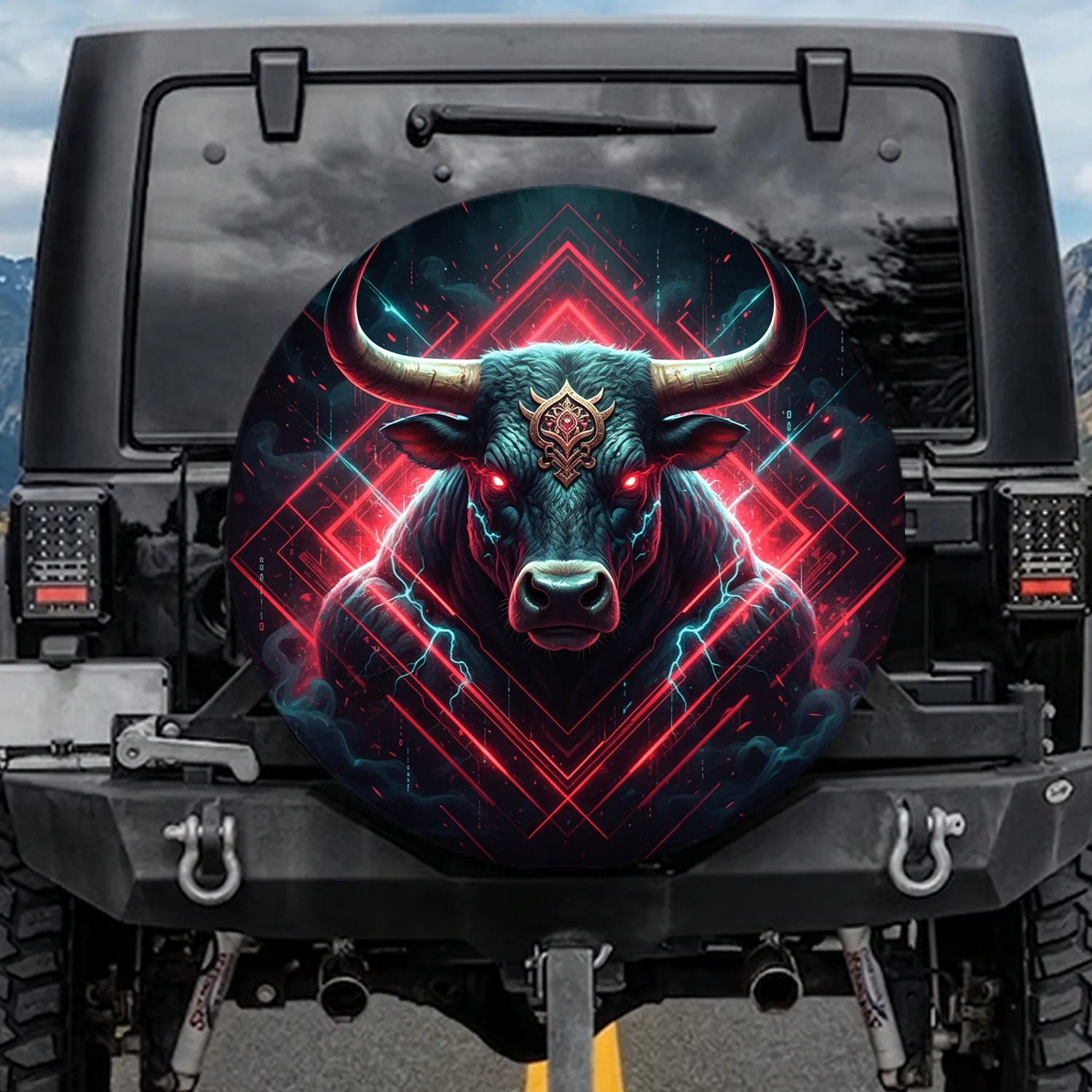 Tech-Noir Bull Head Glowing Red Eyes Golden Horns - Vehicle Decor for Adventure Lifestyle Spare Tire Cover - 1