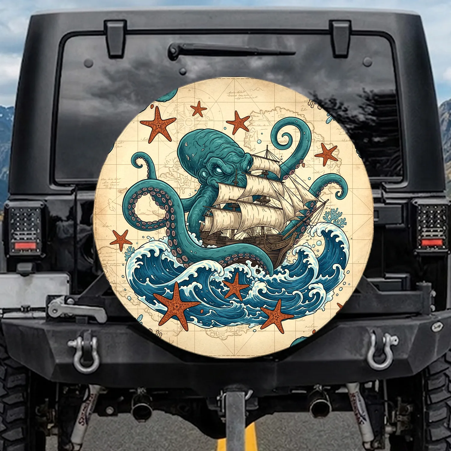 Teal Kraken Vintage Sailing Ship - Nautical Decor Gift for Sailor Spare Tire Cover - 1
